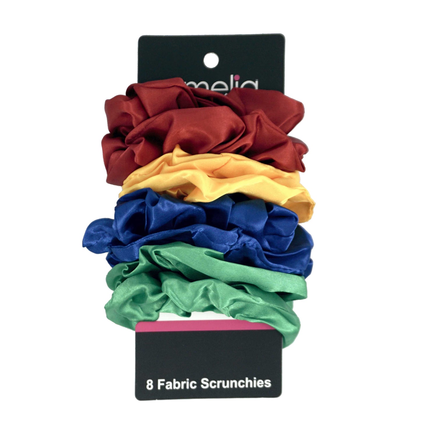 Amelia Beauty Products, Red, Yellow, Blue and Green Satin Scrunchies, 3.5in Diameter, Gentle on Hair, Strong Hold, No Snag, No Dents or Creases. 8 Pack
