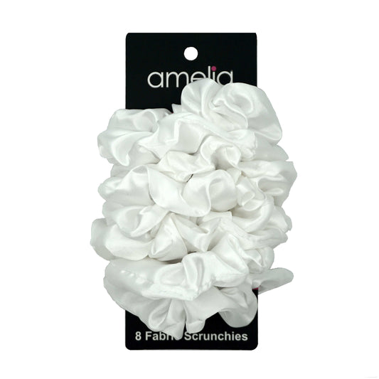 Amelia Beauty Products, White Satin Scrunchies, 3.5in Diameter, Gentle on Hair, Strong Hold, No Snag, No Dents or Creases. 8 Pack