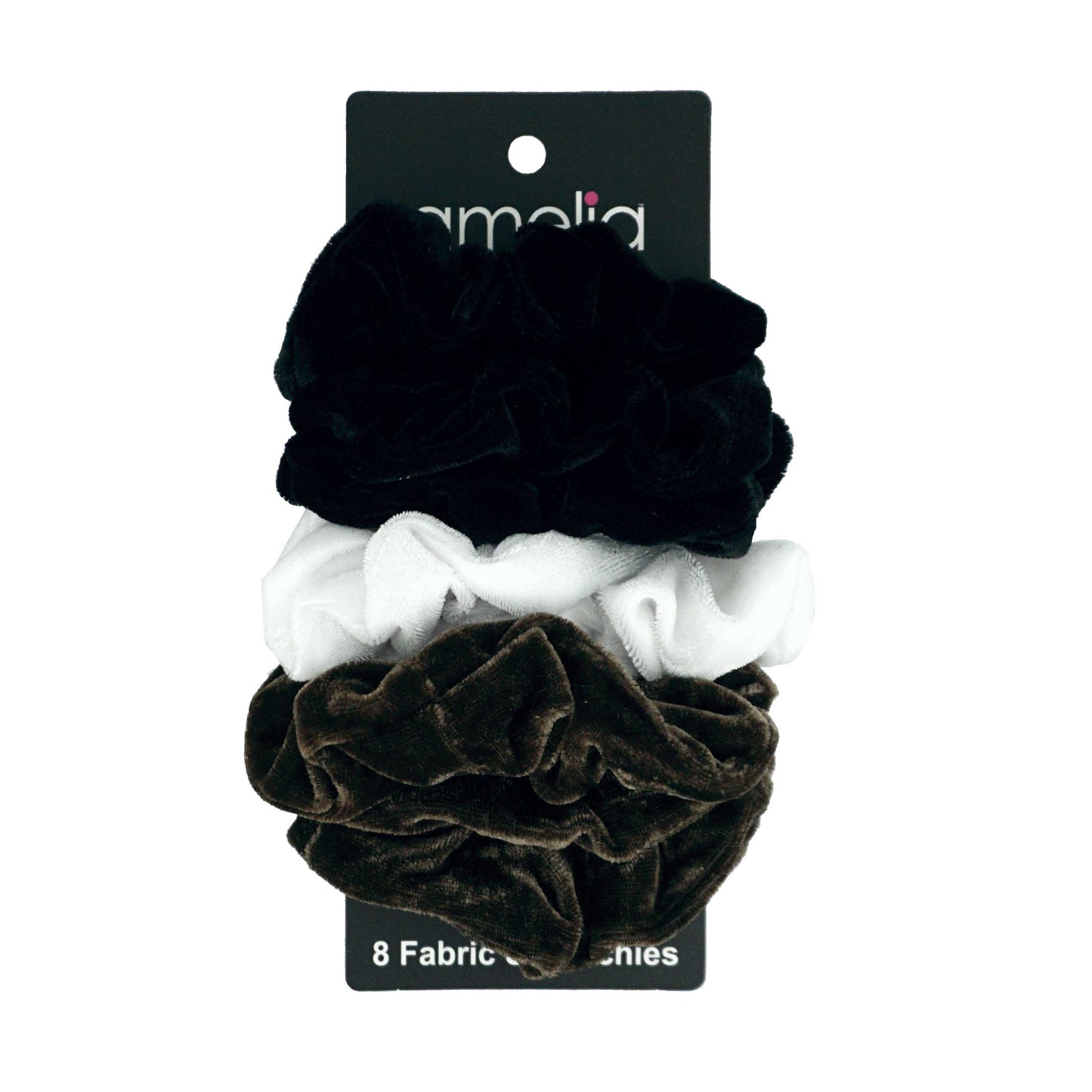 Amelia Beauty Products, Black, White and Brown Velvet Velvet Scrunchies, 3.5in Diameter, Gentle on Hair, Strong Hold, No Snag, No Dents or Creases. 8 Pack
