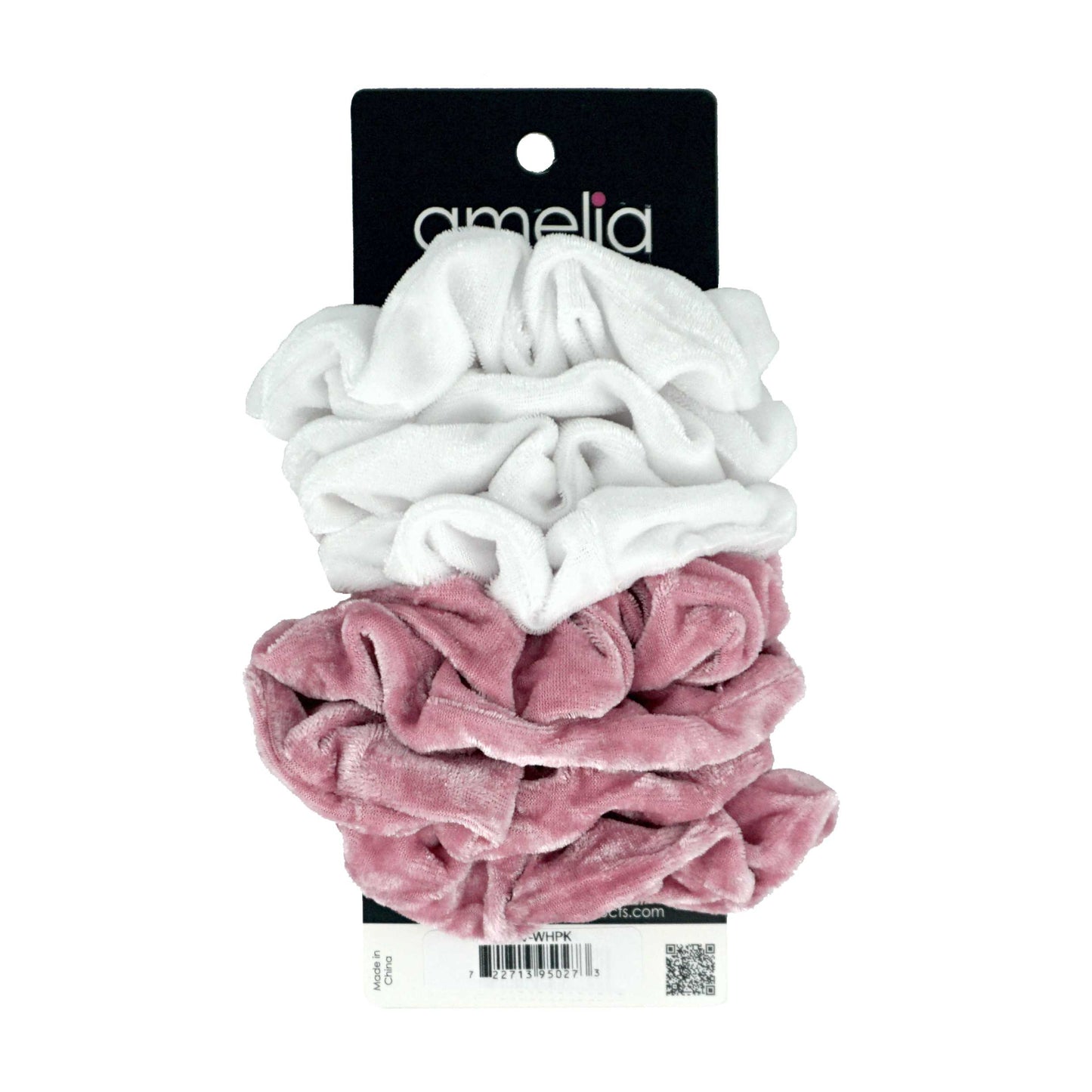 Amelia Beauty Products, White and Pink Velvet Velvet Scrunchies, 3.5in Diameter, Gentle on Hair, Strong Hold, No Snag, No Dents or Creases. 8 Pack