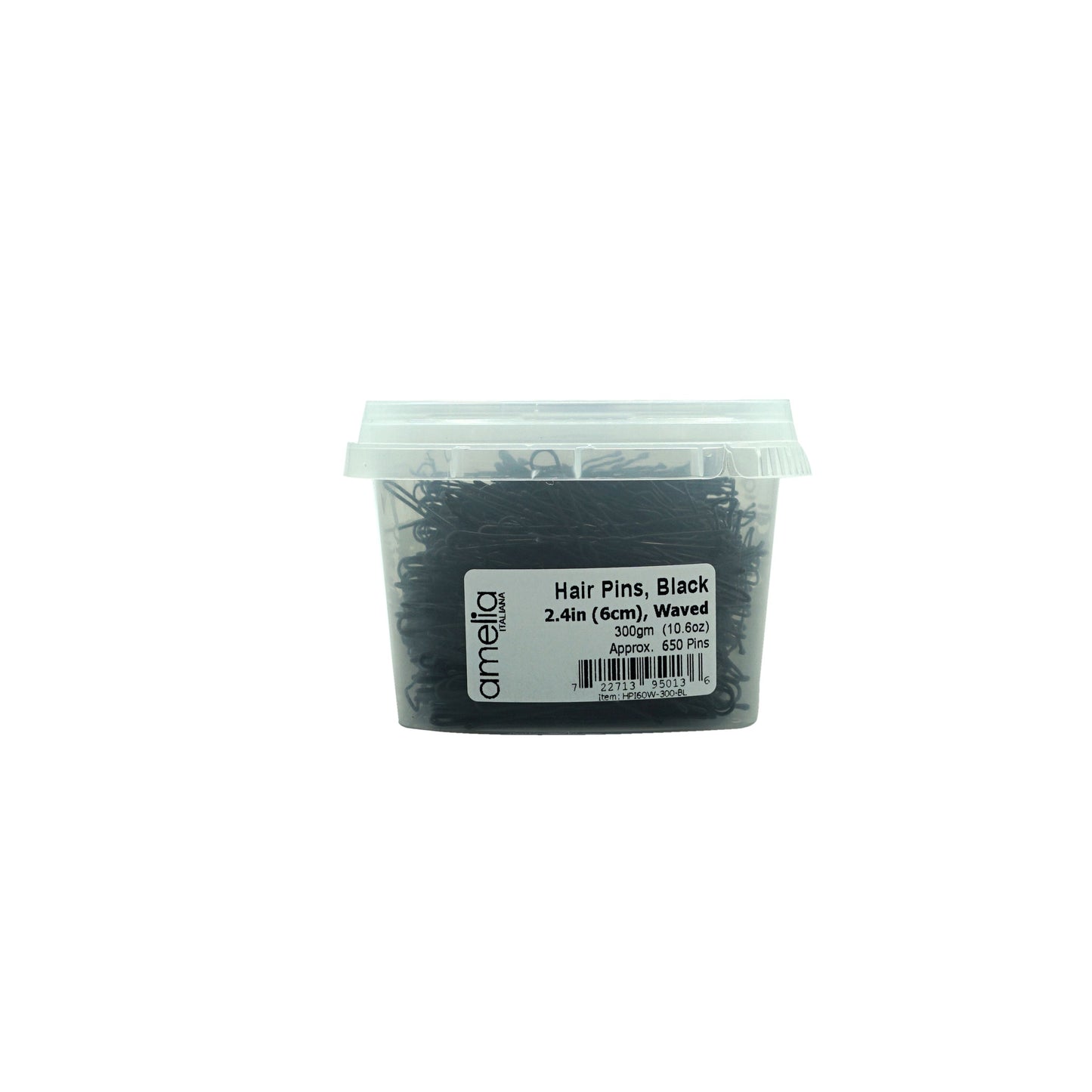 600, Black, 2.4in (6.0cm), Italian Made Waved Hair Pins, Recloseable Stay Clean and Organized Container