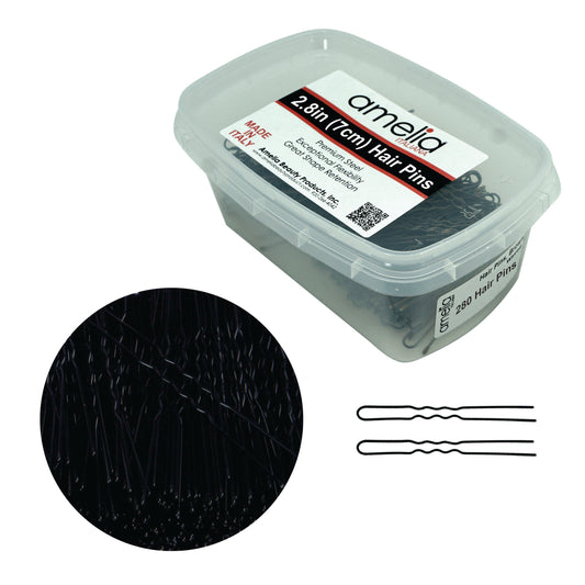 280, Black, 2.8in (7.0cm), Italian Made Waved Hair Pins, Recloseable Stay Clean and Organized Container