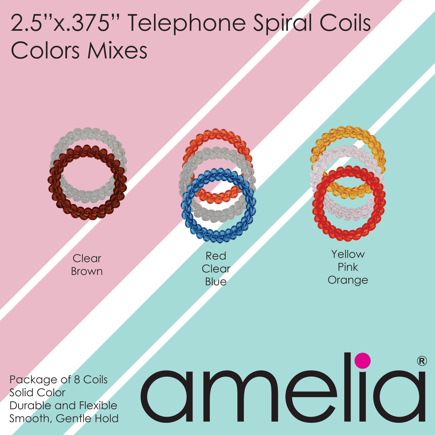 Amelia Beauty Products 8 Large Smooth Shiny Center Elastic Hair Coils, 2. 5in Diameter Thick Spiral Hair Ties, Gentle on Hair, Strong Hold and Minimizes Dents and Creases, Pink, Yellow and Orange Mix