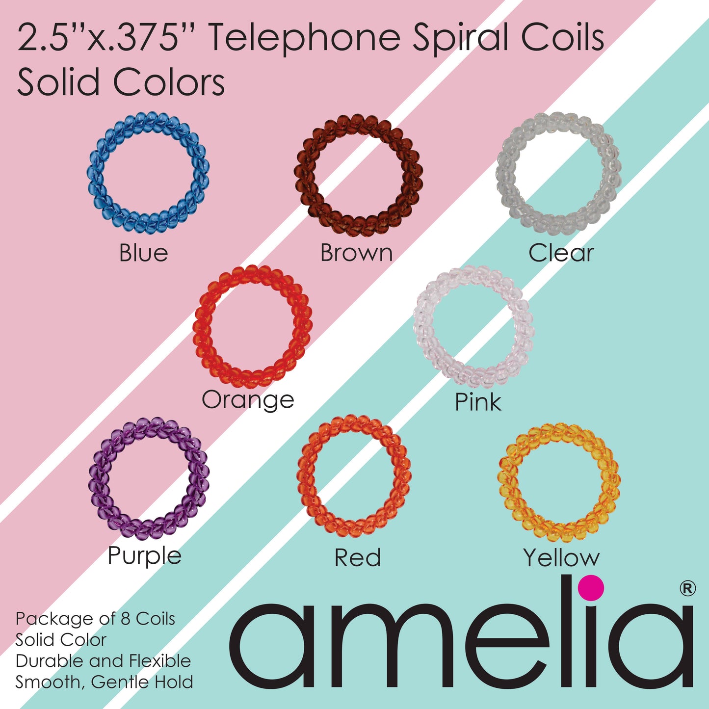 Amelia Beauty Products 8 Large Smooth Shiny Center Elastic Hair Coils, 2. 5in Diameter Thick Spiral Hair Ties, Gentle on Hair, Strong Hold and Minimizes Dents and Creases, Pink, Yellow and Orange Mix