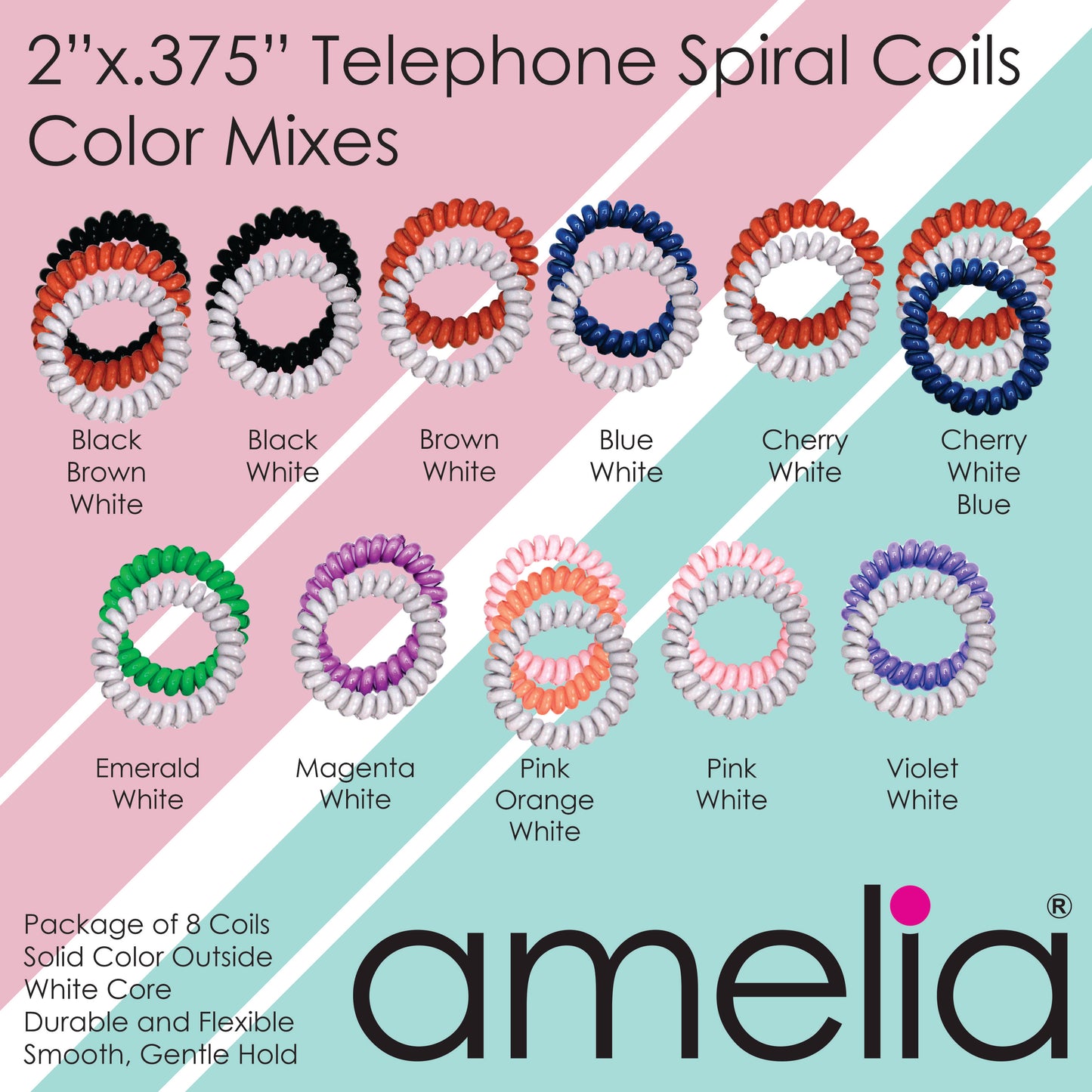 Amelia Beauty Products 8 Medium Elastic Hair Coils, 2.0in Diameter Thick Spiral Hair Ties, Gentle on Hair, Strong Hold and Minimizes Dents and Creases, Pink, Orange and White Mix