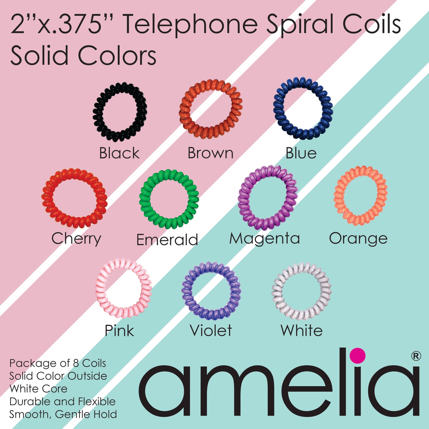 Amelia Beauty Products 8 Medium Elastic Hair Coils, 2.0in Diameter Thick Spiral Hair Ties, Gentle on Hair, Strong Hold and Minimizes Dents and Creases, Pink, Orange and White Mix