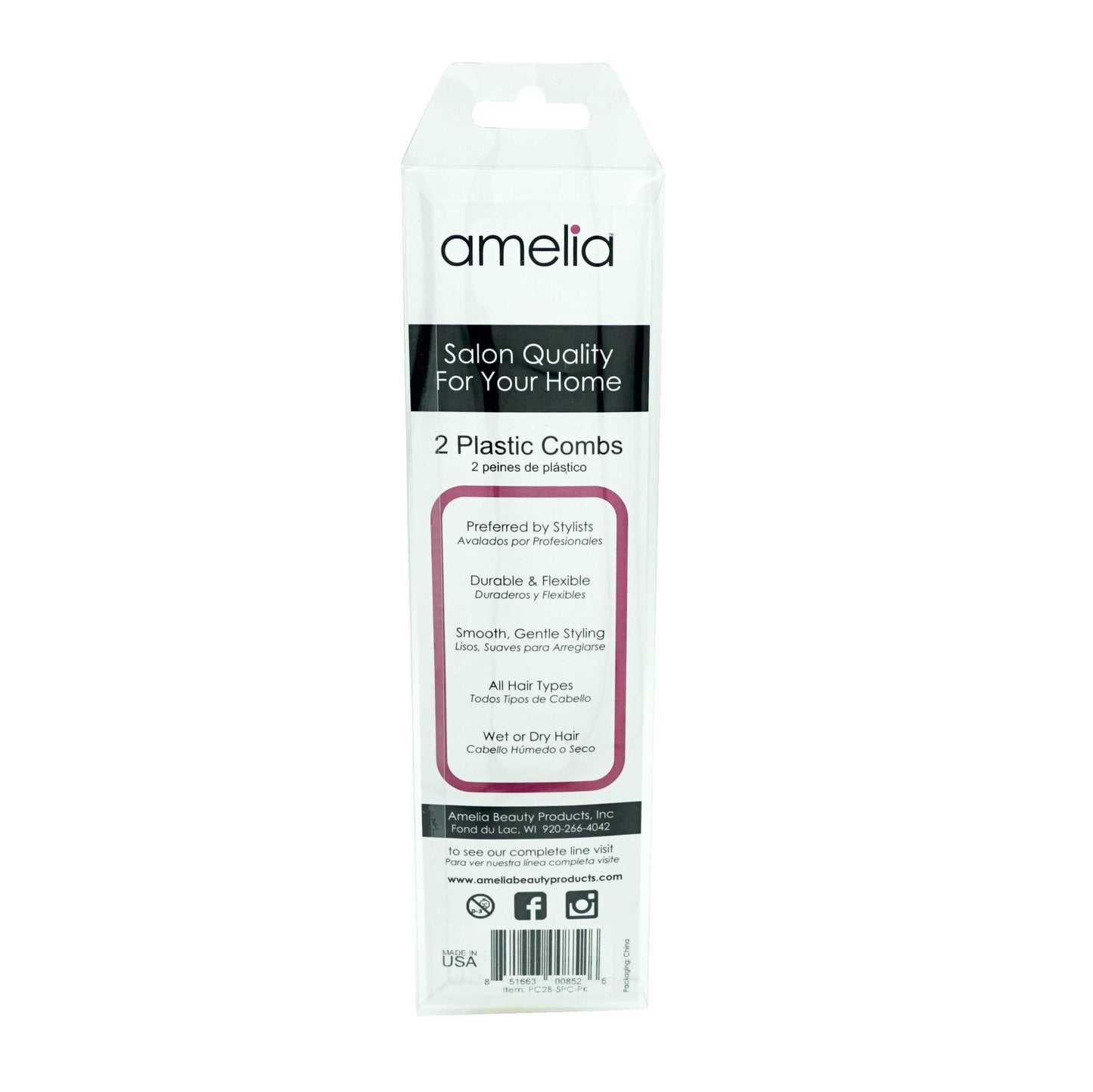Amelia Beauty, 5in Black Plastic Pocket Comb, Made in USA, Professional Grade Pocket Hair Comb, Portable Salon Barber Shop Black Everyday Styling Comb Hair Styling Tool, 5"x1.25", 2 Pack