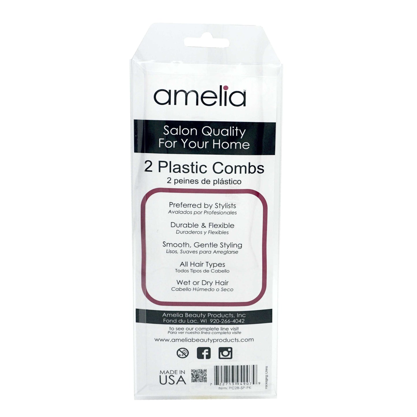 Amelia Beauty, 5in Black Curly Hair Wide Tooth Pick Comb, Made in USA, Professional Grade Hair Pick Creates Volume, Detangles, Afro Pick Comb Hair Styling Tool, 5"x2.25", 2 Pack