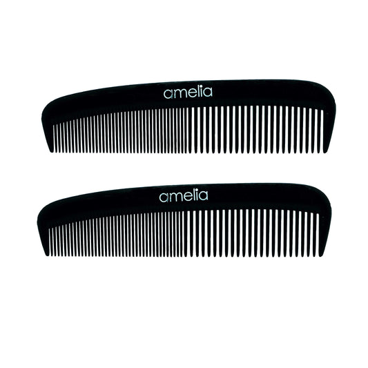 Amelia Beauty, 5in Black Plastic Pocket Comb, Made in USA, Professional Grade Pocket Hair Comb, Portable Salon Barber Shop Black Everyday Styling Comb Hair Styling Tool, 5"x1.25", 2 Pack