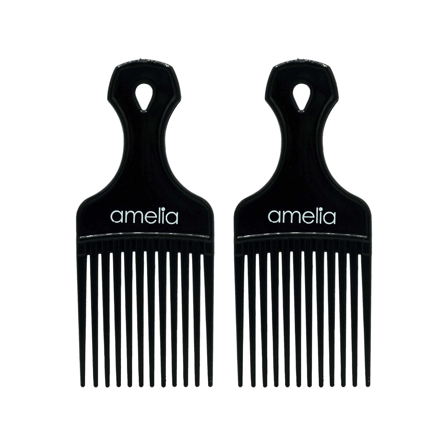 Amelia Beauty, 6in Black Curly Hair Wide Tooth Pick, Made in USA, Professional Grade Hair Pick Create Volume, Detangle, Portable Salon Barber Shop Afro Pick Comb Hair Styling Tool, 6"x2.5", 2 Pack
