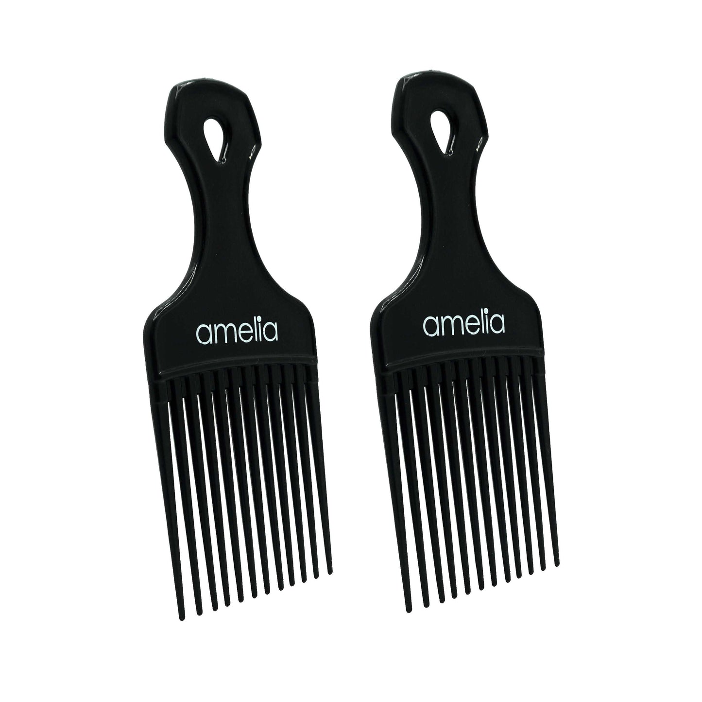 Amelia Beauty, 6in Black Curly Hair Wide Tooth Pick, Made in USA, Professional Grade Hair Pick Create Volume, Detangle, Portable Salon Barber Shop Afro Pick Comb Hair Styling Tool, 6"x2.5", 2 Pack