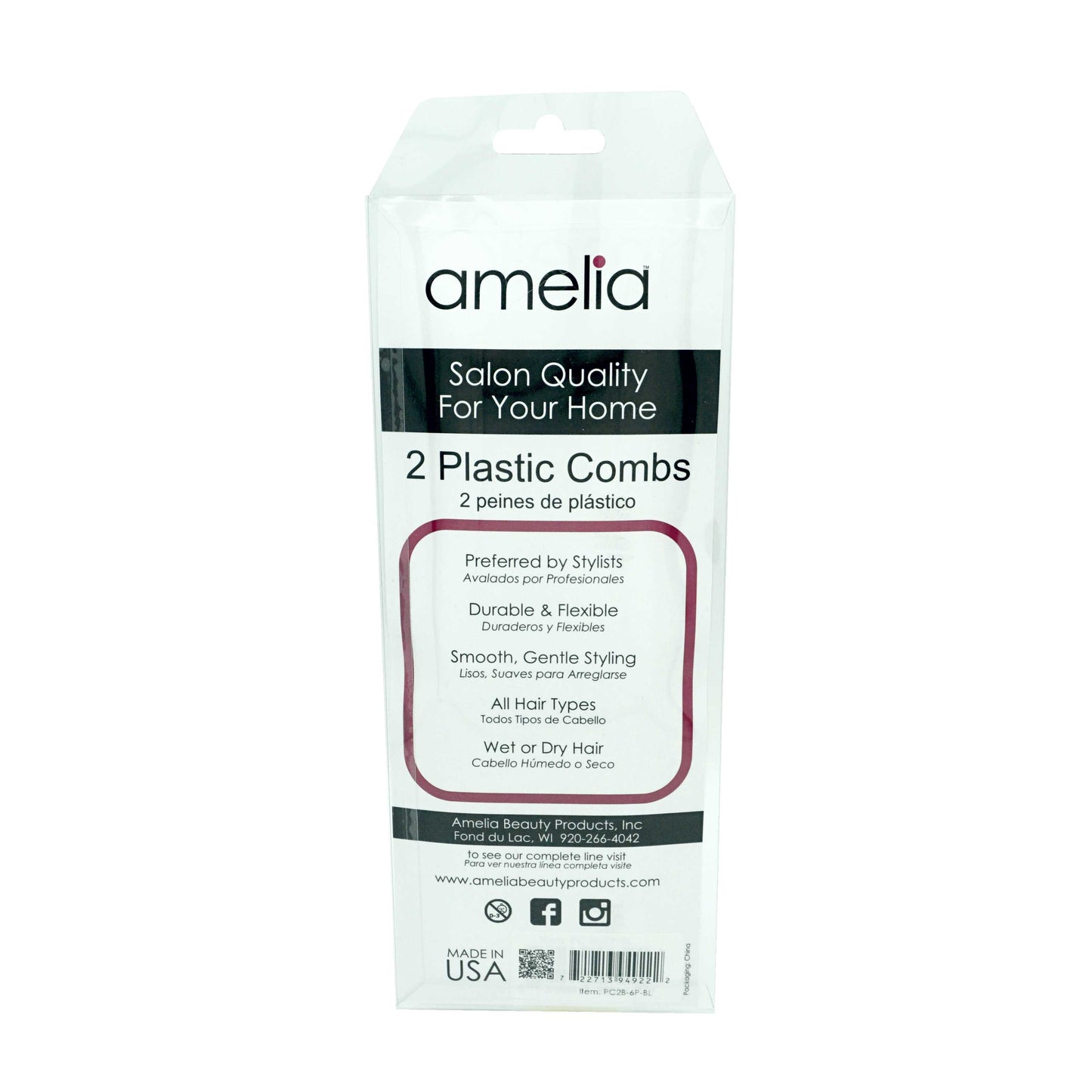 Amelia Beauty, 6in Black Curly Hair Wide Tooth Pick, Made in USA, Professional Grade Hair Pick Create Volume, Detangle, Portable Salon Barber Shop Afro Pick Comb Hair Styling Tool, 6"x2.5", 2 Pack