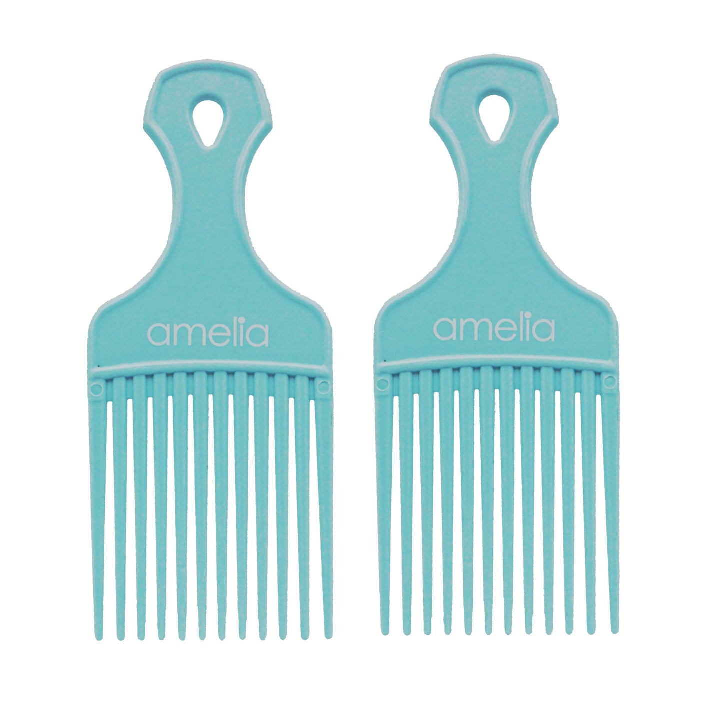 Amelia Beauty, 6in Sky Blue Curly Hair Wide Tooth Pick, Made in USA, Professional Grade Hair Pick Create Volume, Detangle, Portable Salon Barber Shop Afro Pick Comb Hair Styling Tool, 6"x2.5", 2 Pack