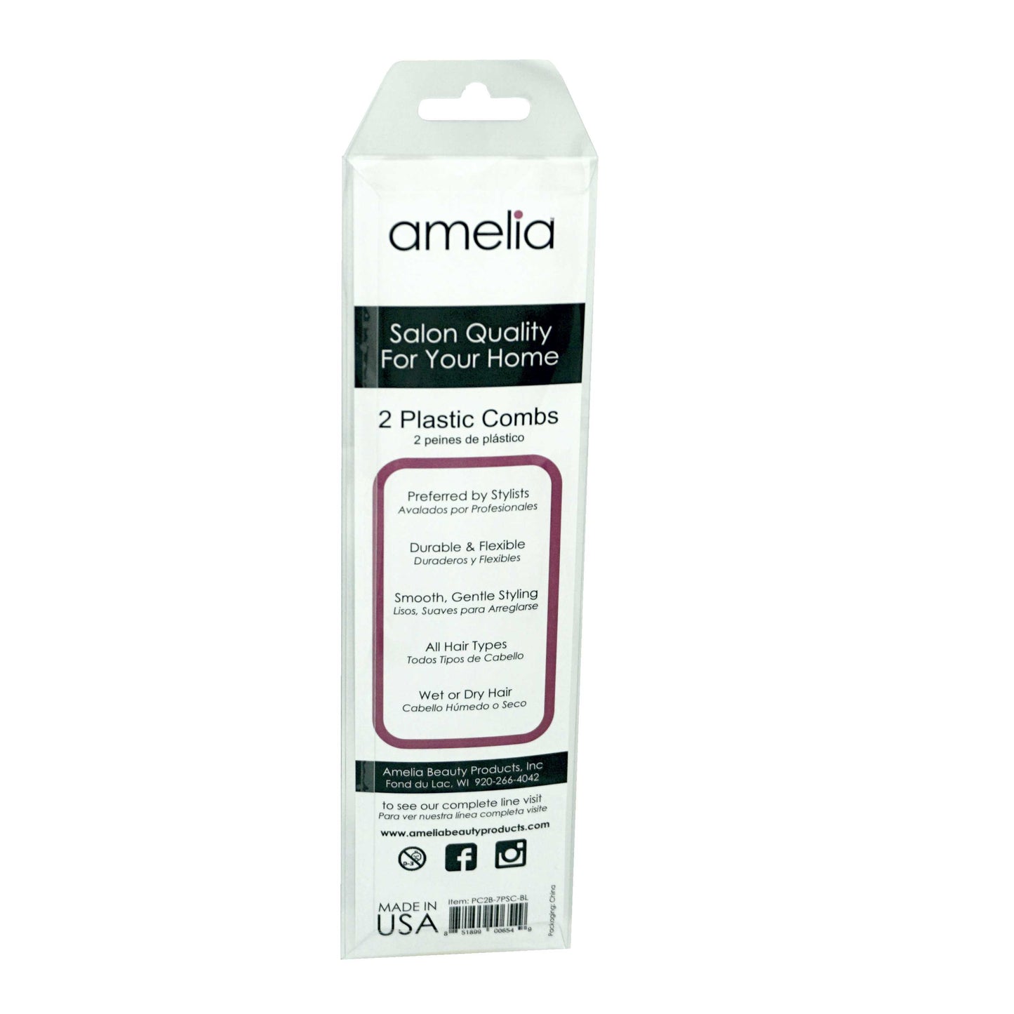 Amelia Beauty, 7in Black Plastic Styling Comb, Made in USA, Professional Grade Pocket Hair Comb, Blending, Cutting Portable Salon Barber Shop Everyday Styling Cutting Hair Styling Tool, 2 Pack