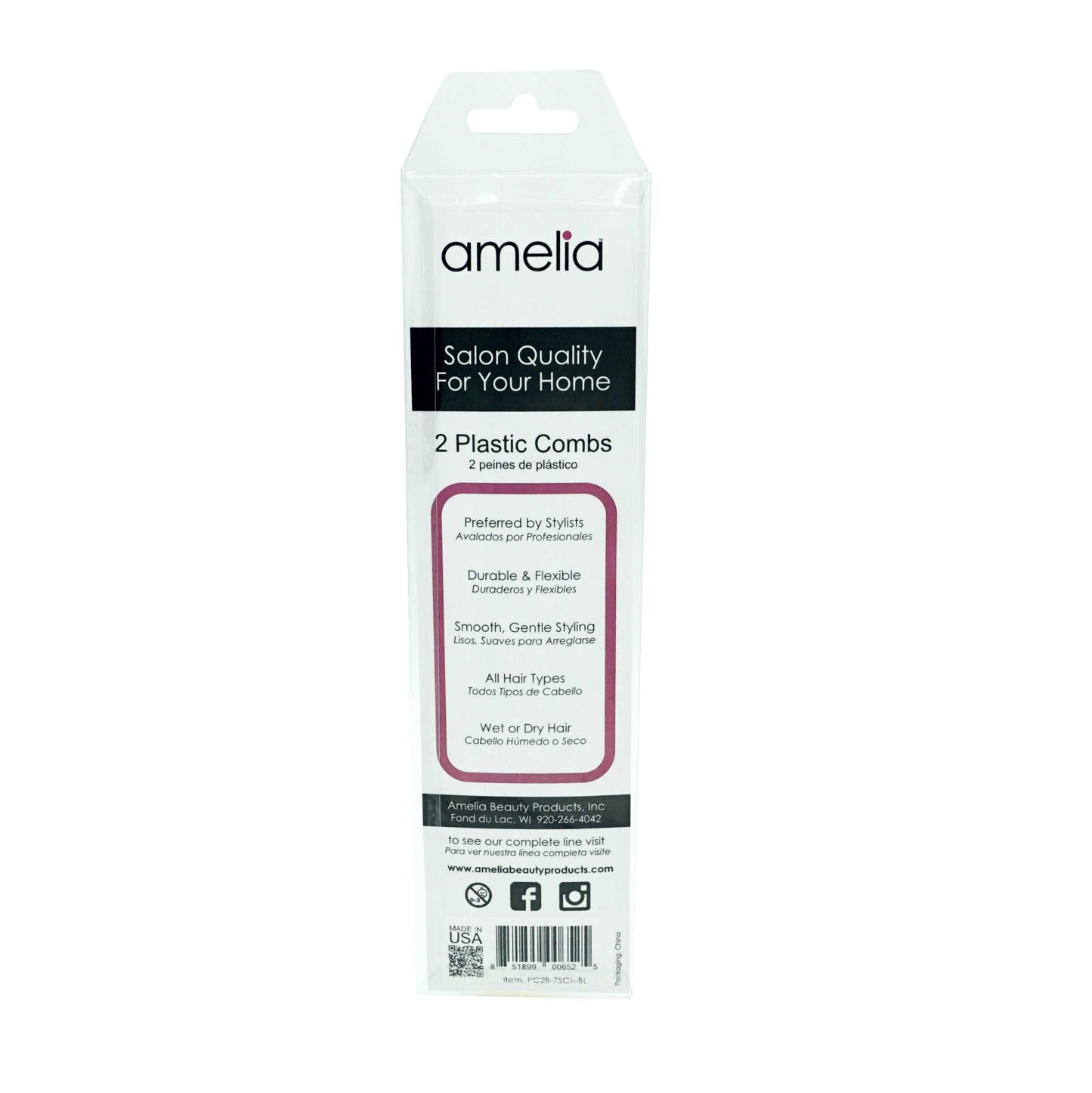 Amelia Beauty, 7in Black Plastic Styling Comb with Inch Marks, Made in USA, Professional Grade Hair Comb, Portable Salon Barber Shop Everyday Styling Cutting Hair Styling Tool, 7"x1.25", 2 Pack