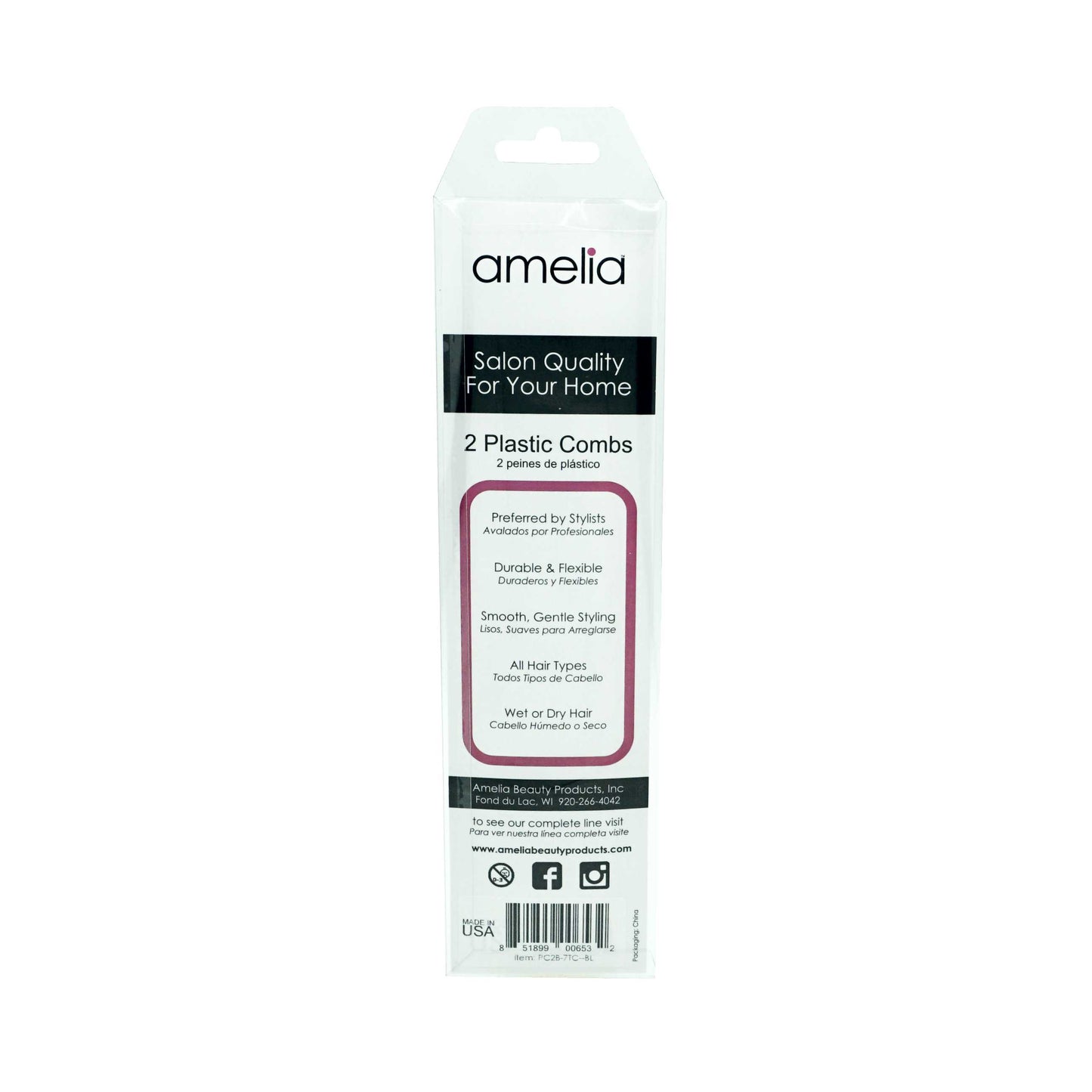 Amelia Beauty, 7in Black Plastic Styling Tease Comb with Inch Marks, Made in USA, Professional Grade Hair Comb, For Wet, Tangled Hair, Everyday Styling Cutting Hair Styling Tool, 2 Pack