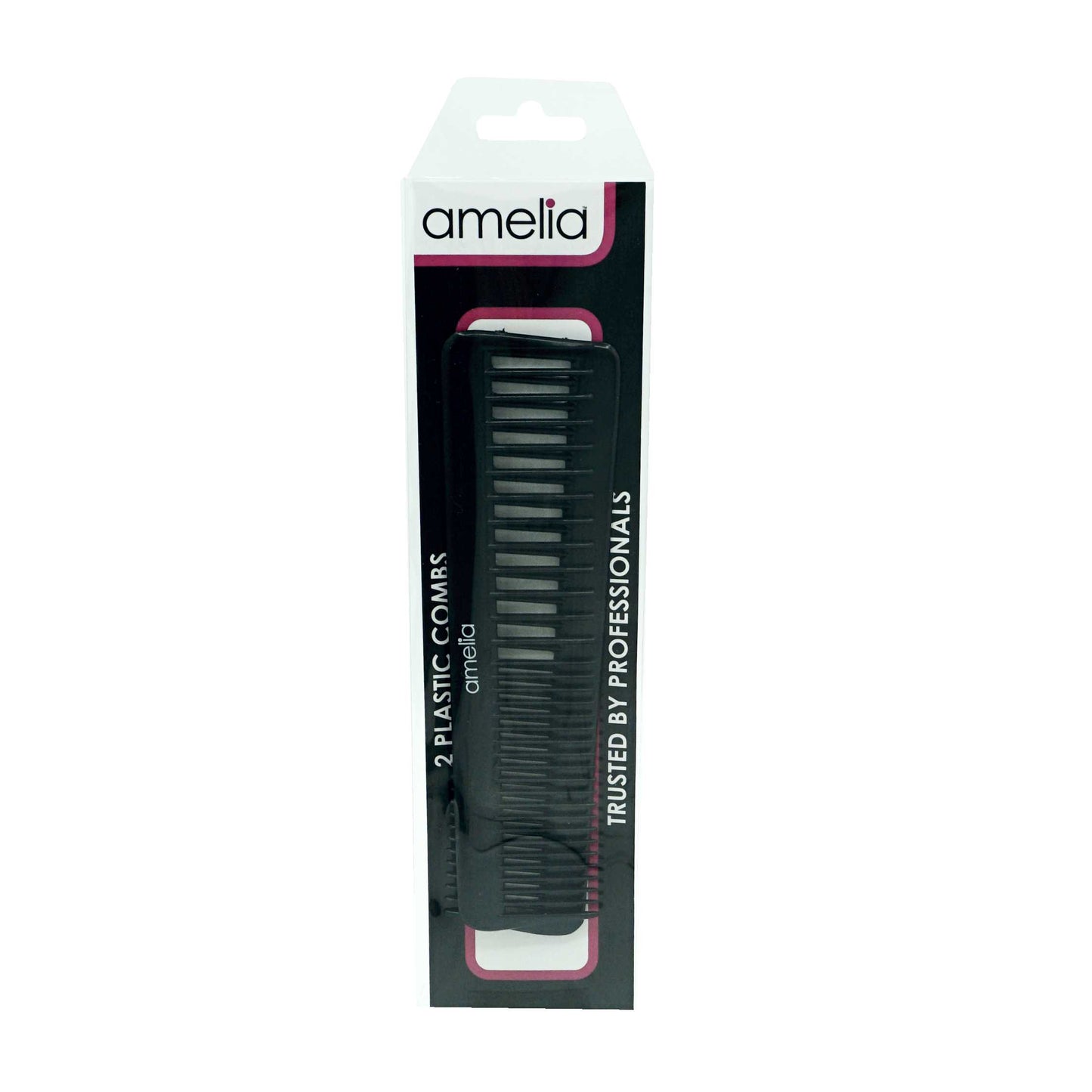 Amelia Beauty, 7in Black Plastic Wide Tooth Comb, Made in USA, Professional Grade Pocket Hair Comb, Wet, Tangled Hair, Portable Salon Barber Shop Everyday Styling Cutting Hair Styling Tool, 2 Pack