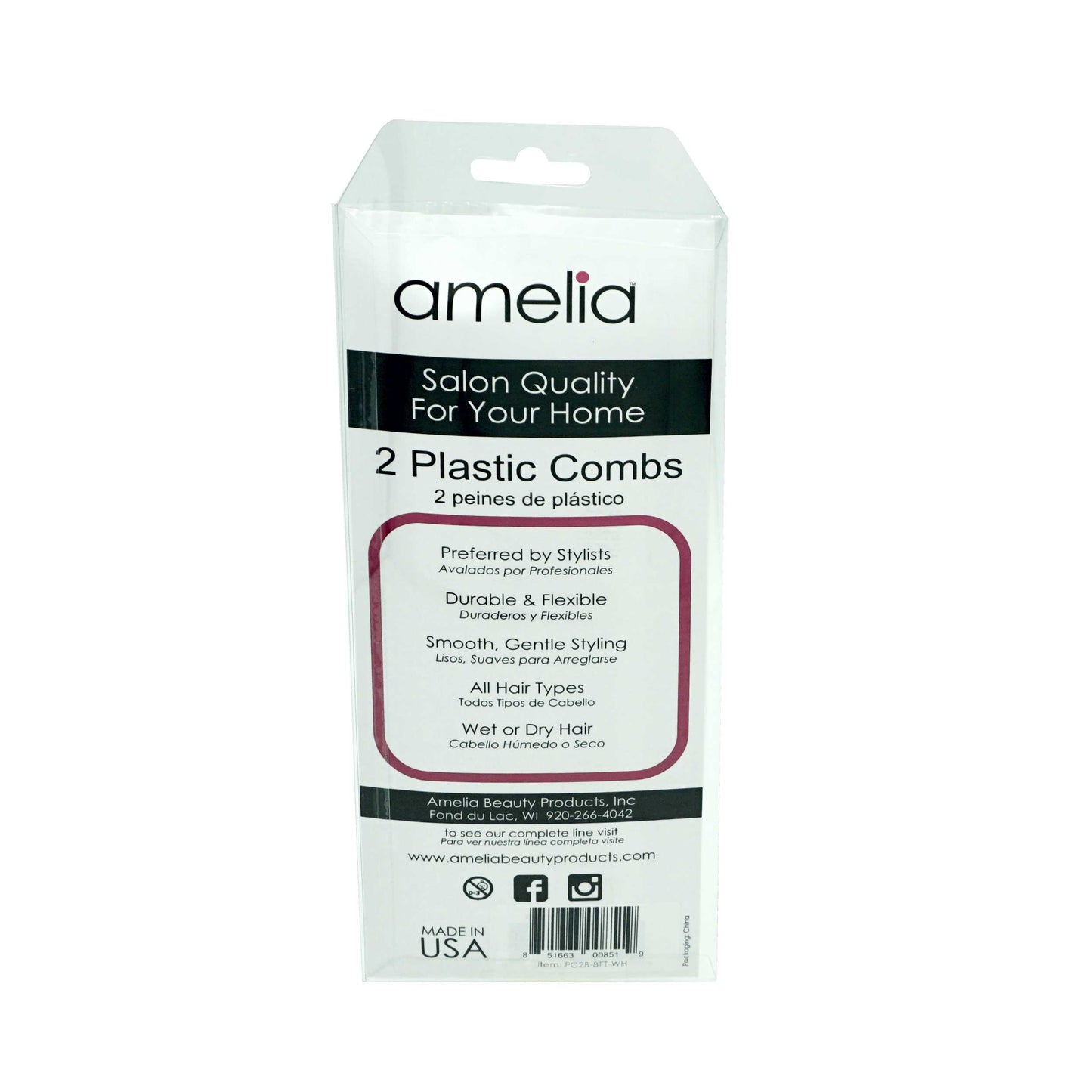 Amelia Beauty, 8.75in White Plastic Flattop Butch Comb, Made in USA, Professional Grade Hair Comb, For Clipper Cuts and Flattops, Wet or Dry, Everyday Styling Cutting Hair Styling Tool, 2 Pack