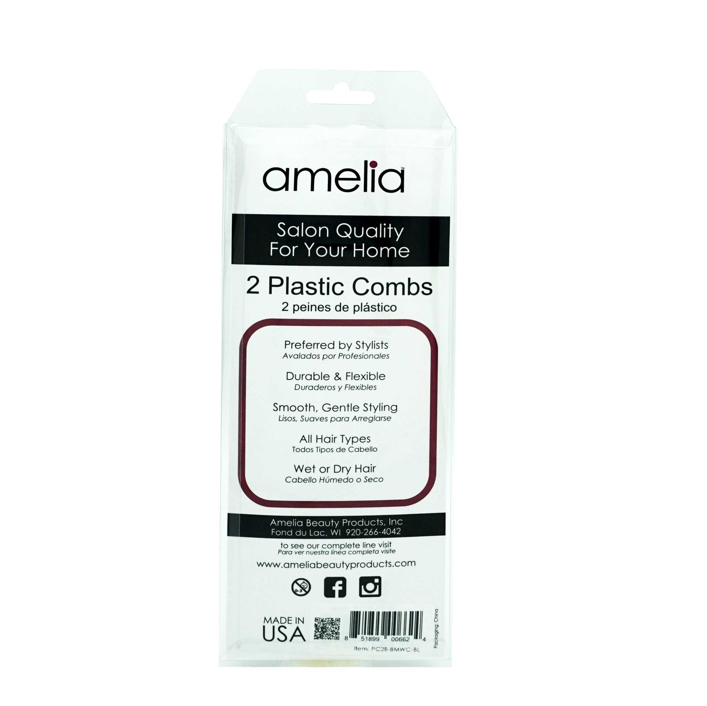 Amelia Beauty, 8in Black Plastic Master Wave Styling Comb, Made in USA, Professional Grade Hair Comb, Everyday Styling, Thick Hair, Wet or Dry, Everyday Styling Cutting Hair Styling Tool, 2 Pack