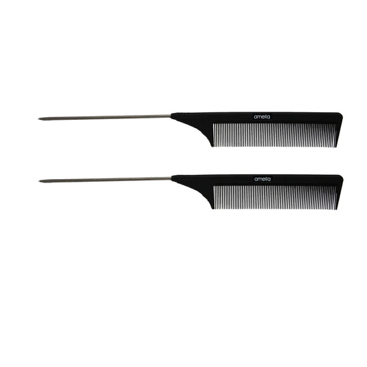 Amelia Beauty, 9in Black Plastic Pin Stainless Tail Fine Tooth, Professional Grade Hair Comb, For Highlighting, Sectioning & Styling Hair with Pin Tip, Wet or Dry, 9"x1", 2 Pack