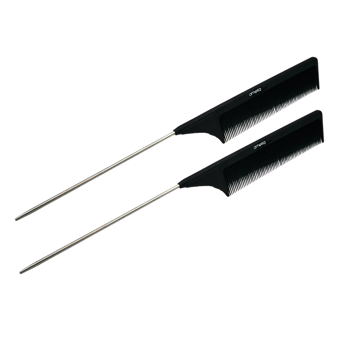 Amelia Beauty, 9in Black Plastic Pin Stainless Tail Fine Tooth, Professional Grade Hair Comb, For Highlighting, Sectioning & Styling Hair with Pin Tip, Wet or Dry, 9"x1", 2 Pack