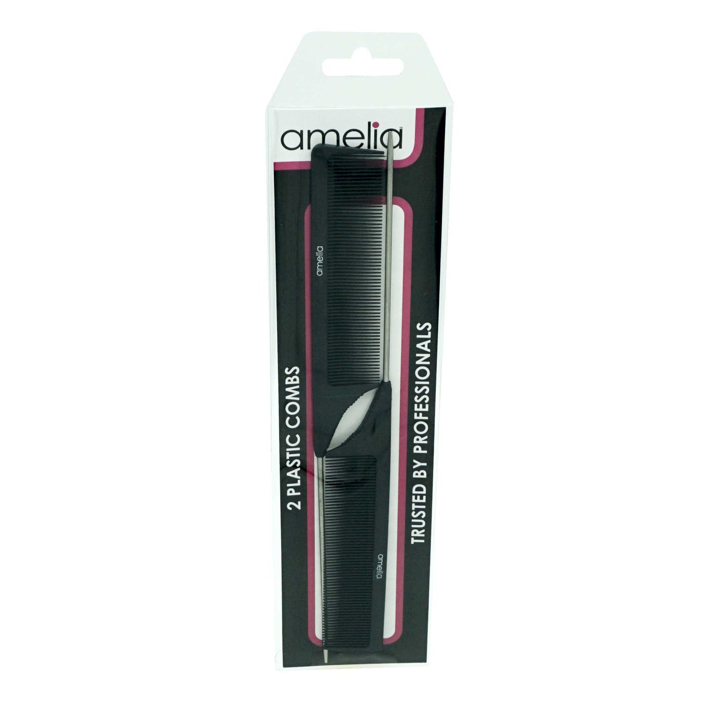 Amelia Beauty, 9in Black Plastic Pin Stainless Tail Fine Tooth, Professional Grade Hair Comb, For Highlighting, Sectioning & Styling Hair with Pin Tip, Wet or Dry, 9"x1", 2 Pack