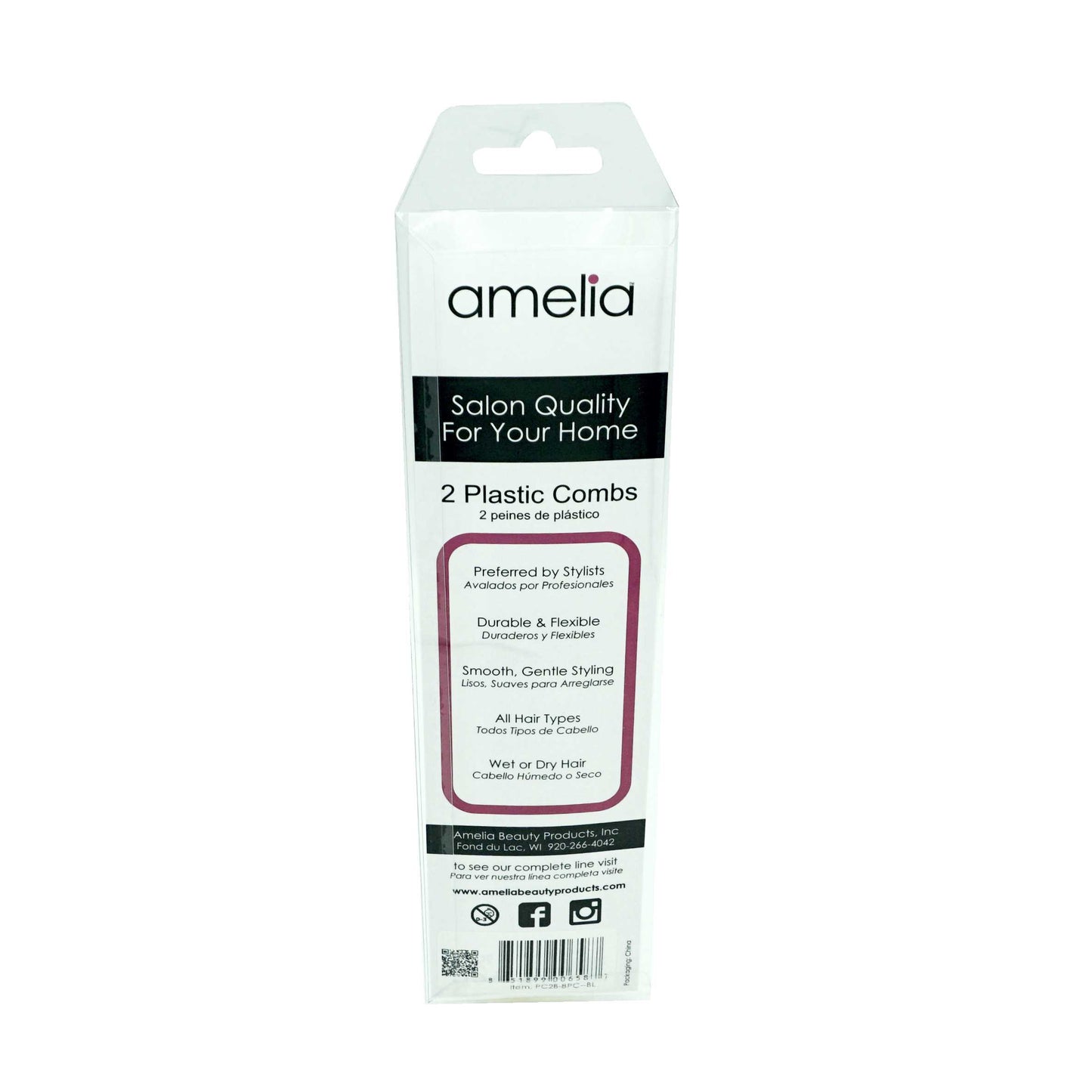 Amelia Beauty, 9in Black Plastic Pin Stainless Tail Fine Tooth, Professional Grade Hair Comb, For Highlighting, Sectioning & Styling Hair with Pin Tip, Wet or Dry, 9"x1", 2 Pack