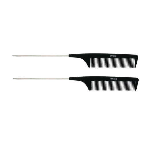 Amelia Beauty, 9in Black Plastic Pin Stainless Tail Regular Tooth Comb, Professional Grade Hair Comb, For Highlighting, Sectioning & Styling Hair with Pin Tip, Wet or Dry, 9"x1", 2 Pack