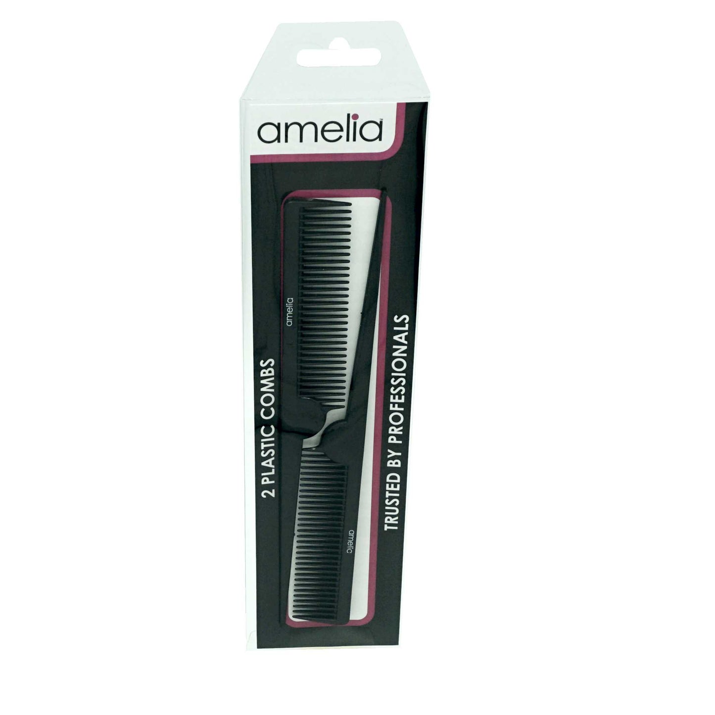 Amelia Beauty, 8.5in Black Plastic Pin Rat Tail Standard Tooth Comb, Made in USA, Professional Grade Hair Comb, Highlighting, Sectioning & Styling Hair with Long Tail Tip, Wet or Dry, 8.5"x1", 2 Pack