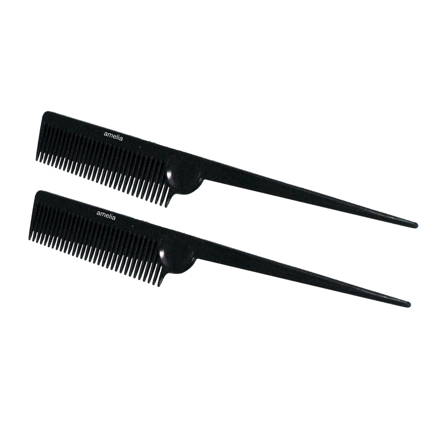 Amelia Beauty, 8.5in Black Plastic Pin Rat Tail Standard Tooth Comb, Made in USA, Professional Grade Hair Comb, Highlighting, Sectioning & Styling Hair with Long Tail Tip, Wet or Dry, 8.5"x1", 2 Pack