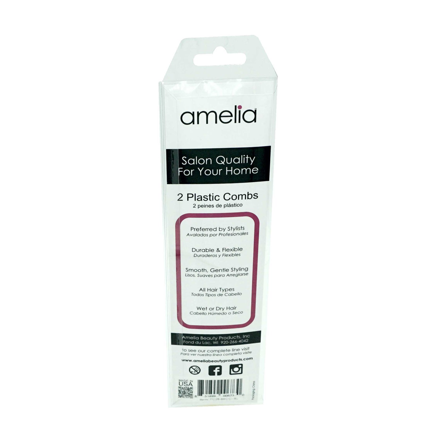 Amelia Beauty, 8.5in Black Plastic Pin Rat Tail Standard Tooth Comb, Made in USA, Professional Grade Hair Comb, Highlighting, Sectioning & Styling Hair with Long Tail Tip, Wet or Dry, 8.5"x1", 2 Pack