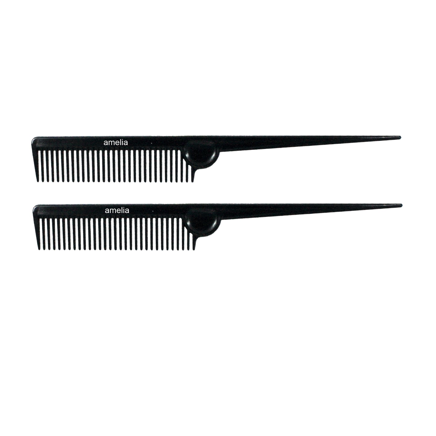 Amelia Beauty, 8.5in Black Plastic Pin Rat Tail Standard Tooth Comb, Made in USA, Professional Grade Hair Comb, Highlighting, Sectioning & Styling Hair with Long Tail Tip, Wet or Dry, 8.5"x1", 2 Pack