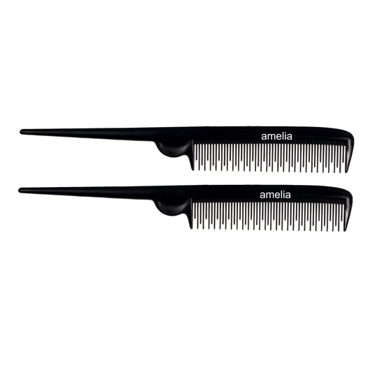 Amelia Beauty, 8.5in Black Plastic Pin Rat Tail Tease Comb, Made in USA, Professional Grade Hair Comb, Highlighting, Sectioning, Styling, Teasing Hair with Long Tail Tip, Wet or Dry, 8.5"x1", 2 Pack