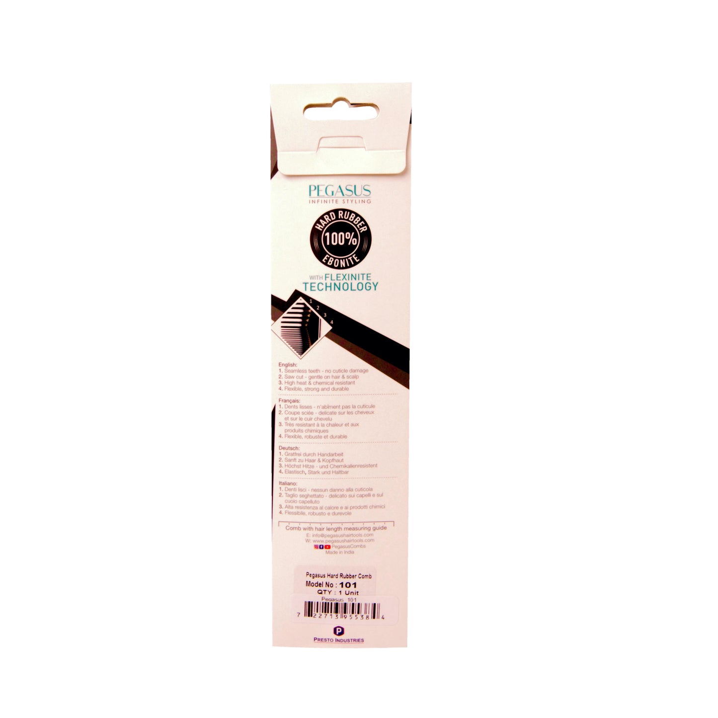 Pegasus 101, 8in Hard Rubber Fine Tooth Rat Tail Comb, Handmade, Seamless, Smooth Edges, Anti Static, Heat and Chemically Resistant, Great for Parting, Coloring Hair | Peines de goma dura - Black