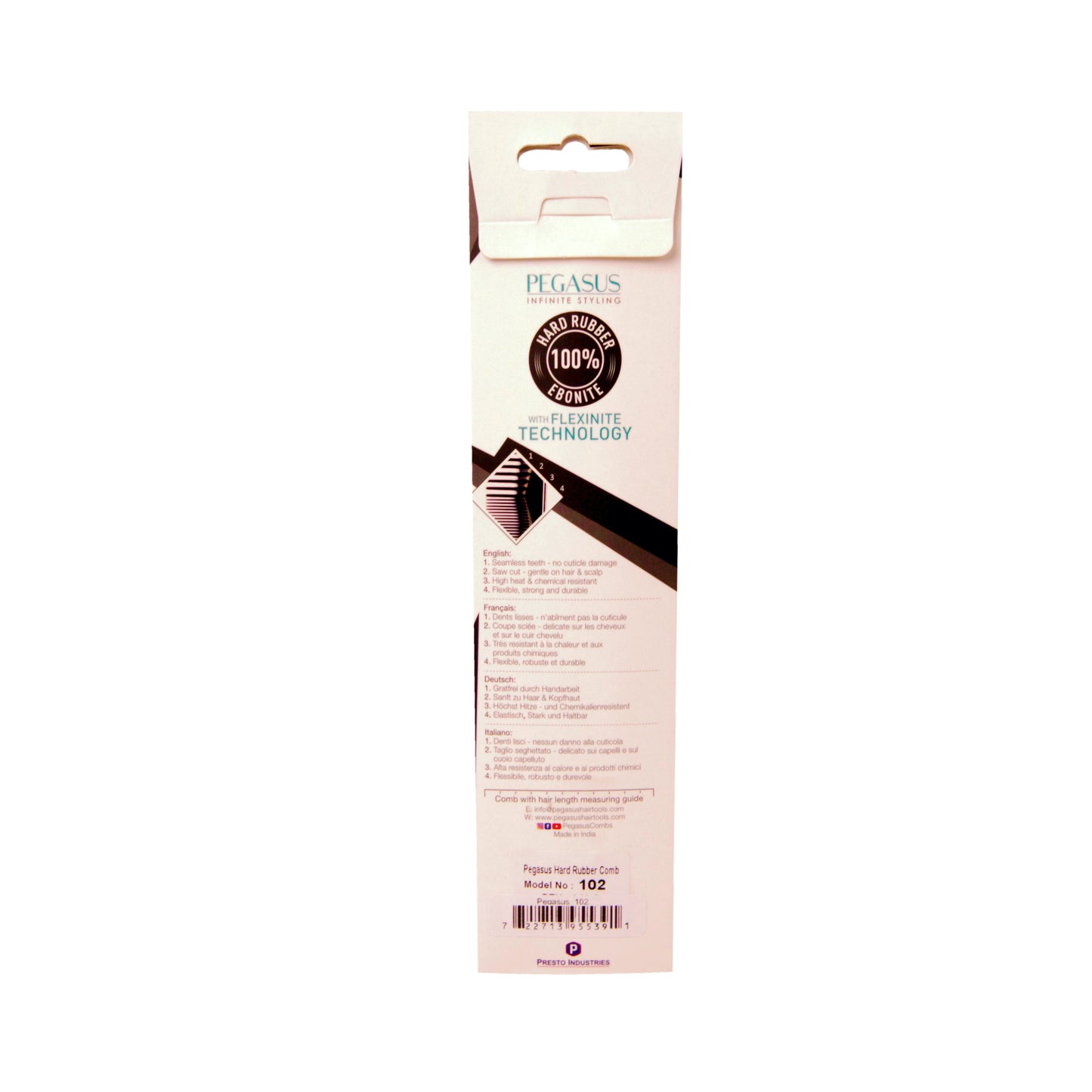 Pegasus 102, 8in Hard Rubber Course Tooth Rat Tail Comb, Handmade, Seamless, Smooth Edges, Anti Static, Heat and Chemically Resistant, Great for Parting, Coloring Hair | Peines de goma dura - Black