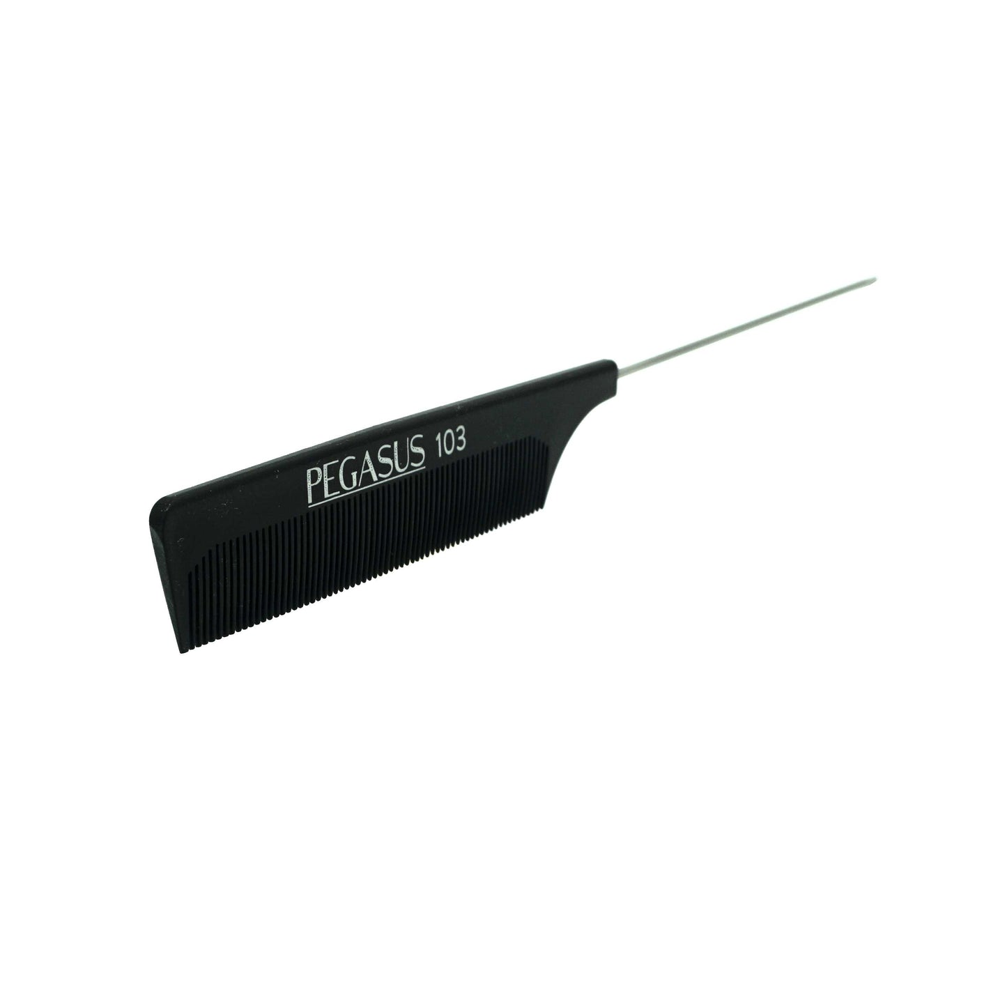 Pegasus 103, 9.5in Hard Rubber Fine Tooth Pintail Comb, Smooth Edges, Anti Static, Heat and Chemically Resistant, Stainless Steel Pin, Great for Parting, Coloring Hair | Peines de goma dura - Black