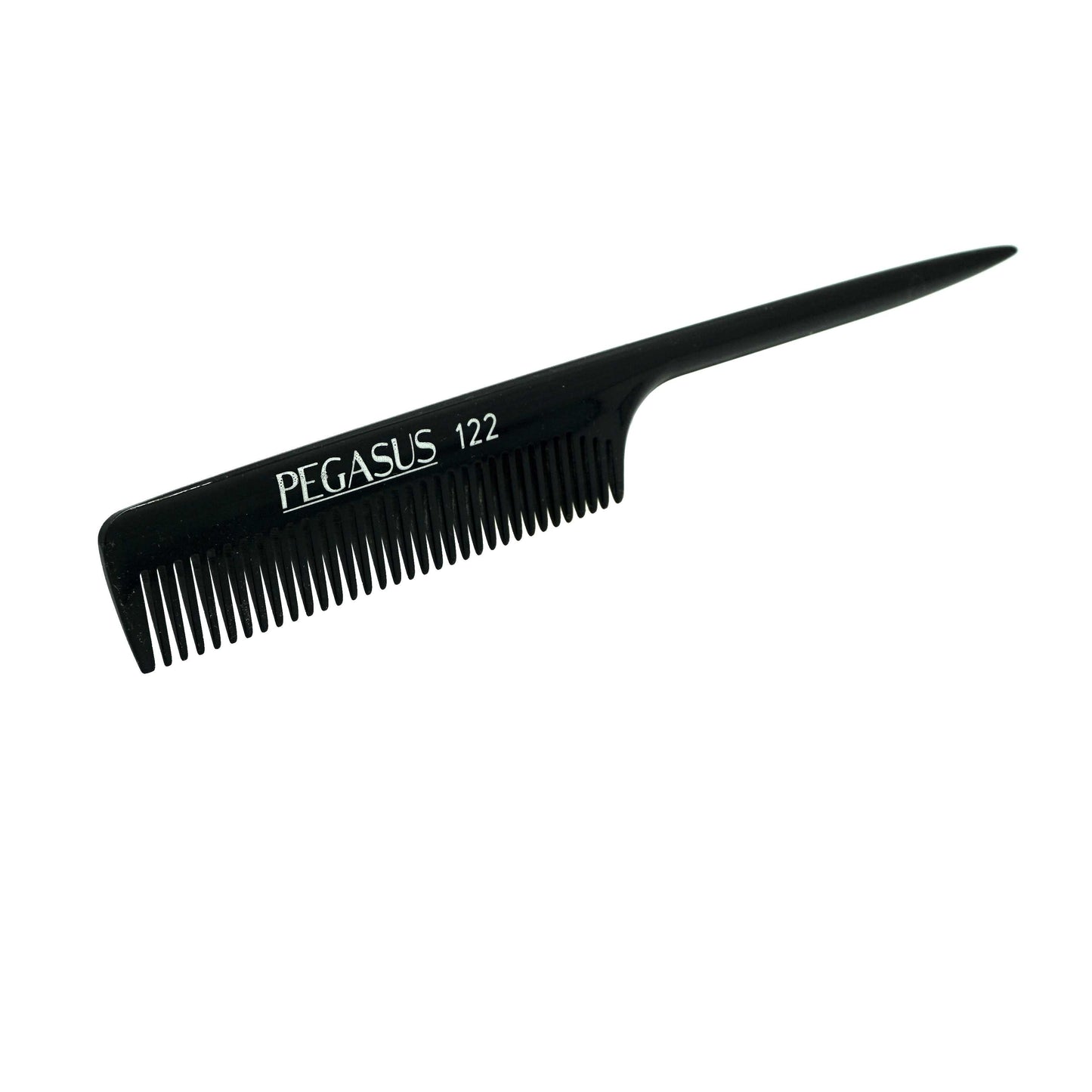 Pegasus 122, 8in Hard Rubber Rat Tail Comb - Course Tooth, Handmade, Seamless, Smooth Edges, Anti Static, Heat and Chemically Resistant, Great for Parting, Coloring Hair | Peines de goma dura - Black