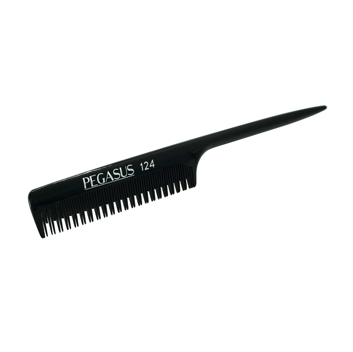 Pegasus 124, 8in Hard Rubber Rat Tail Tease Comb, Handmade, Seamless, Smooth Edges, Anti Static, Heat and Chemically Resistant, Great for Parting, Coloring Hair | Peines de goma dura - Black