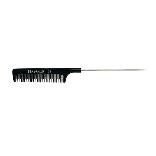 Pegasus 125, 9.75in Hard Rubber Pintail Tease Comb, Smooth Edges, Anti Static, Heat and Chemically Resistant, Stainless Steel Pin, Great for Parting, Coloring Hair | Peines de goma dura - Black