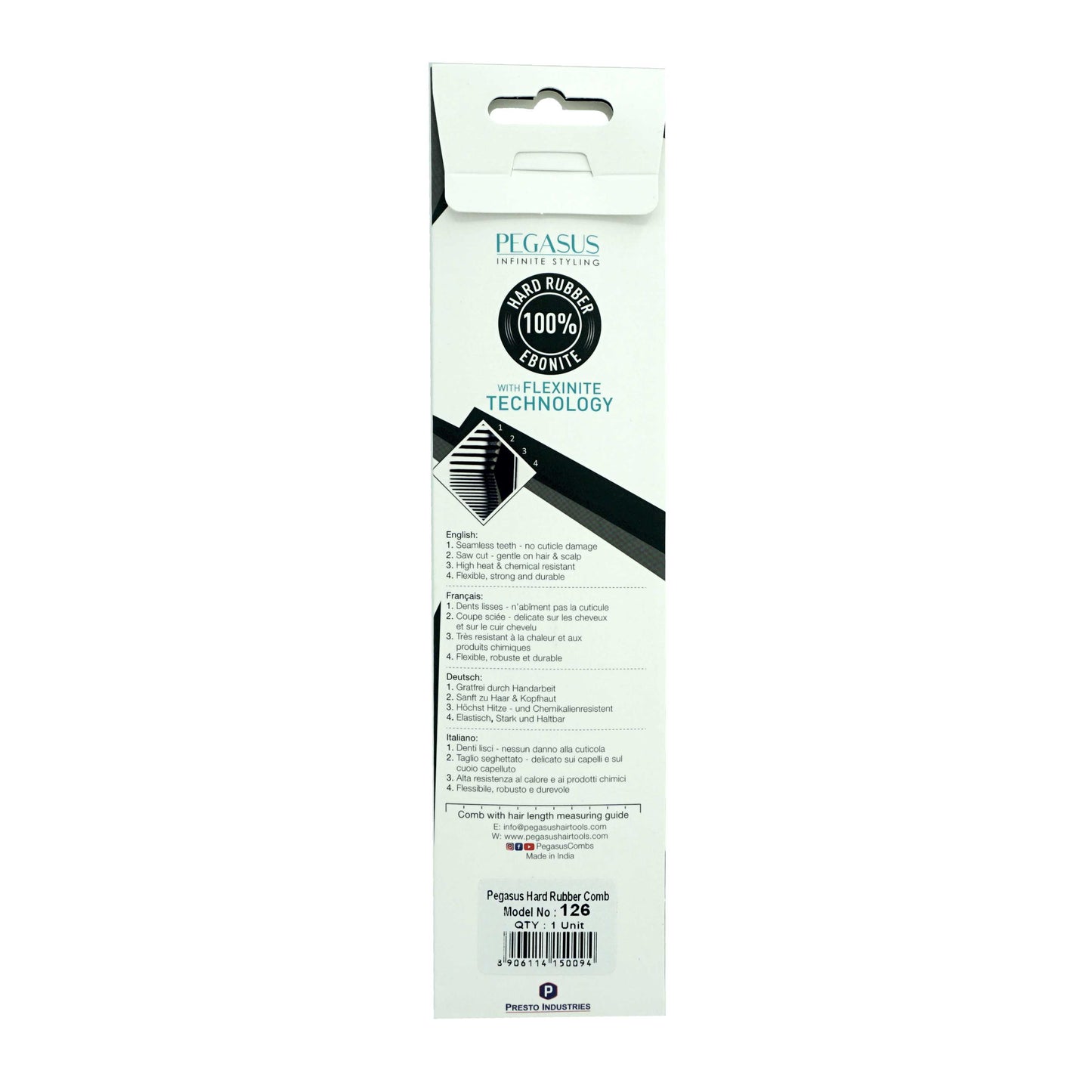 Pegasus 126, 8.25in Hard Rubber Fine Tooth Rat Tail Comb with Sectioning, Seamless, Anti Static, Heat and Chemically Resistant, Great for Parting, Coloring Hair | Peines de goma dura - Black