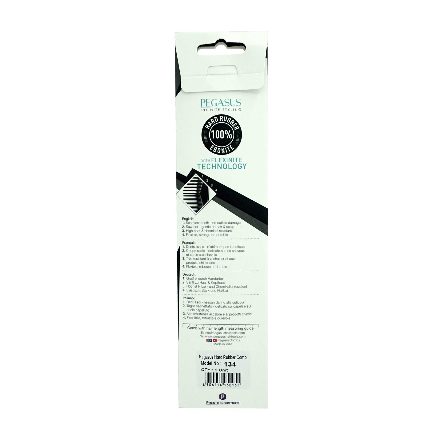 Pegasus 134, 8.5in Hard Rubber Rat Tail Tease Comb with Sectioning, Seamless, Smooth Edges, Anti Static, Heat and Chemically Resistant, Great for Parting, Coloring Hair | Peines de goma dura - Black