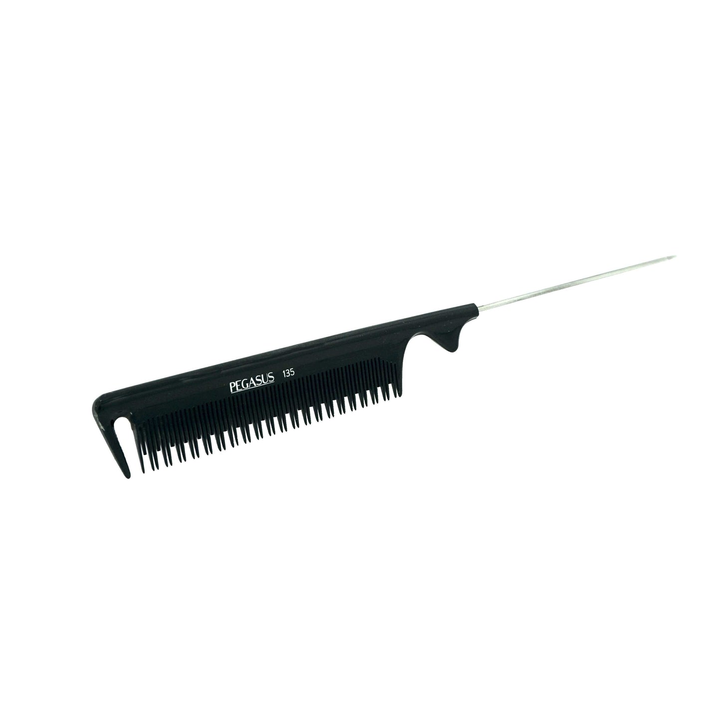 Pegasus 135, 9.5in Hard Rubber Pintail Tease Comb with Sectioning, Anti Static, Heat and Chemically Resistant, Stainless Steel Pin, Great for Parting, Coloring Hair | Peines de goma dura - Black