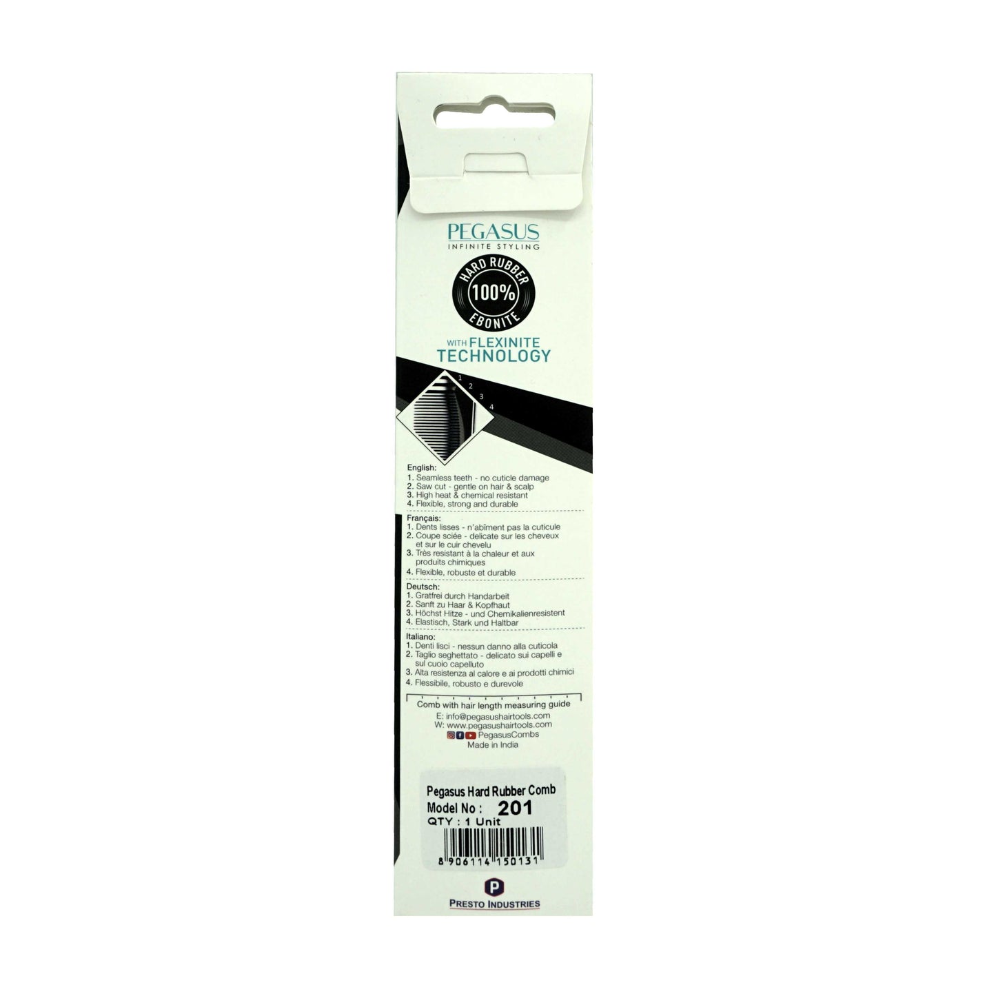 Pegasus 201, 7in Hard Rubber Hair Detangling/Trimmer Comb, Handmade, Seamless, Smooth Edges, Anti Static, Heat and Chemically Resistant, Wet Hair, Everyday Grooming Comb | Peines de goma dura - Black