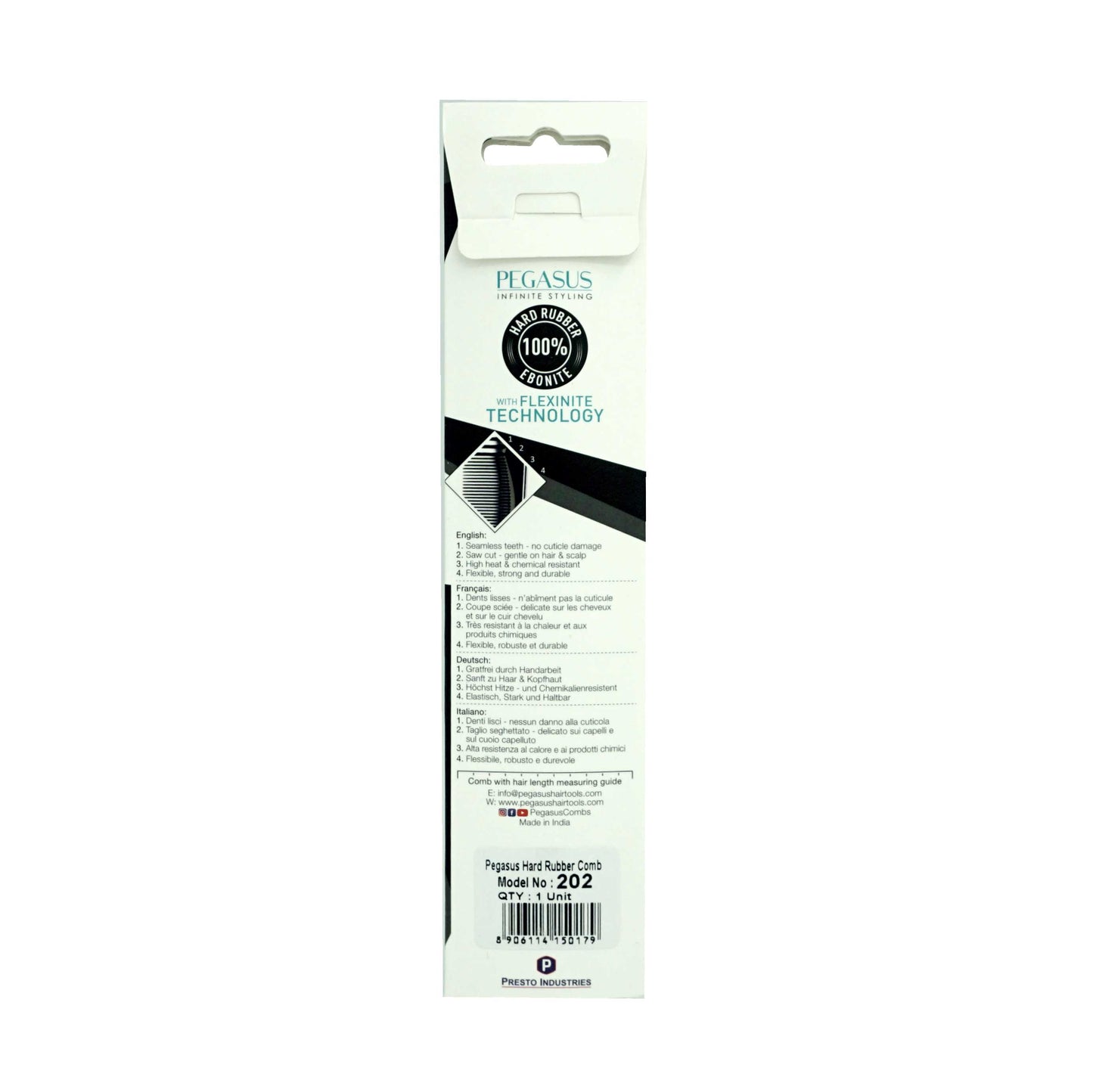 Pegasus 202, 7in Hard Rubber Hair Detangling/Trimmer Course Tooth Comb,  Seamless, Smooth Edges, Anti Static, Heat and Chemically Resistant, Everyday Grooming Comb | Peines de goma dura - Black