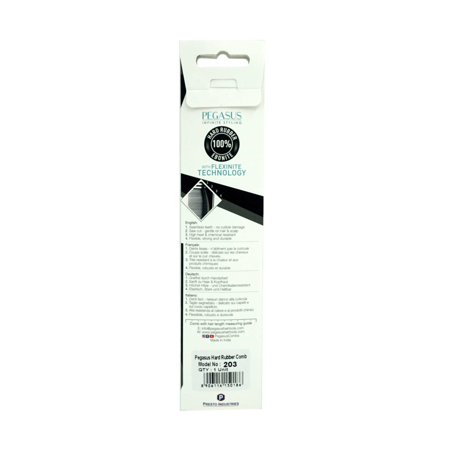 Pegasus 203, 7in Hard Rubber Hair Trimming/Cutting Tease Comb, Handmade, Seamless, Smooth Edges, Anti Static, Heat and Chemically Resistant, Everyday Grooming Comb | Peines de goma dura - Black