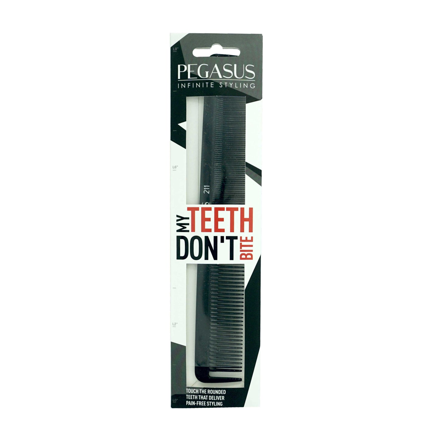 Pegasus 211, 9in Hard Rubber Cutting Comb With Sectioning Tooth and Inch Marks, Anti Static, Heat and Chemically Resistant, Wet Hair, Everyday Grooming Comb | Peines de goma dura - Black