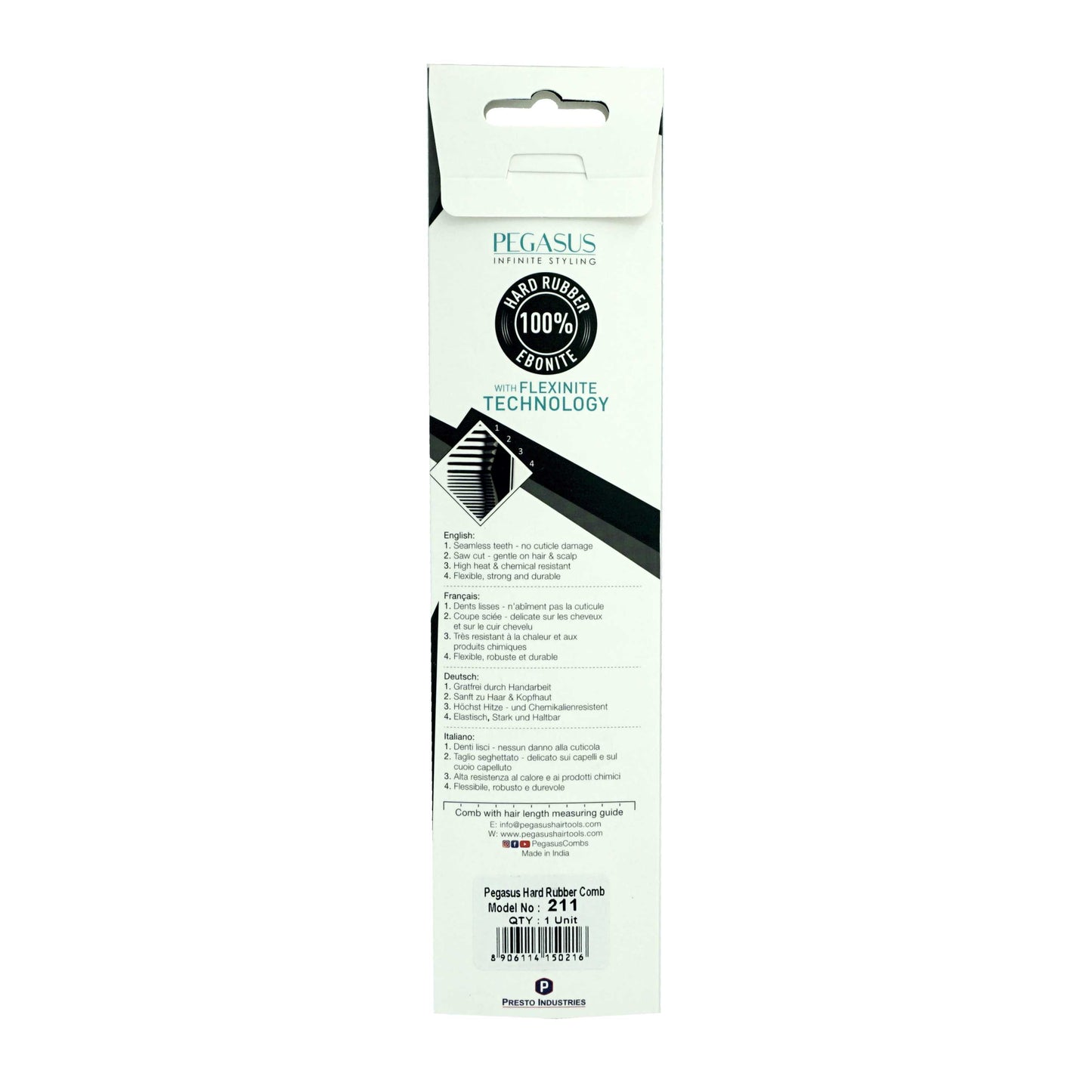 Pegasus 211, 9in Hard Rubber Cutting Comb With Sectioning Tooth and Inch Marks, Anti Static, Heat and Chemically Resistant, Wet Hair, Everyday Grooming Comb | Peines de goma dura - Black