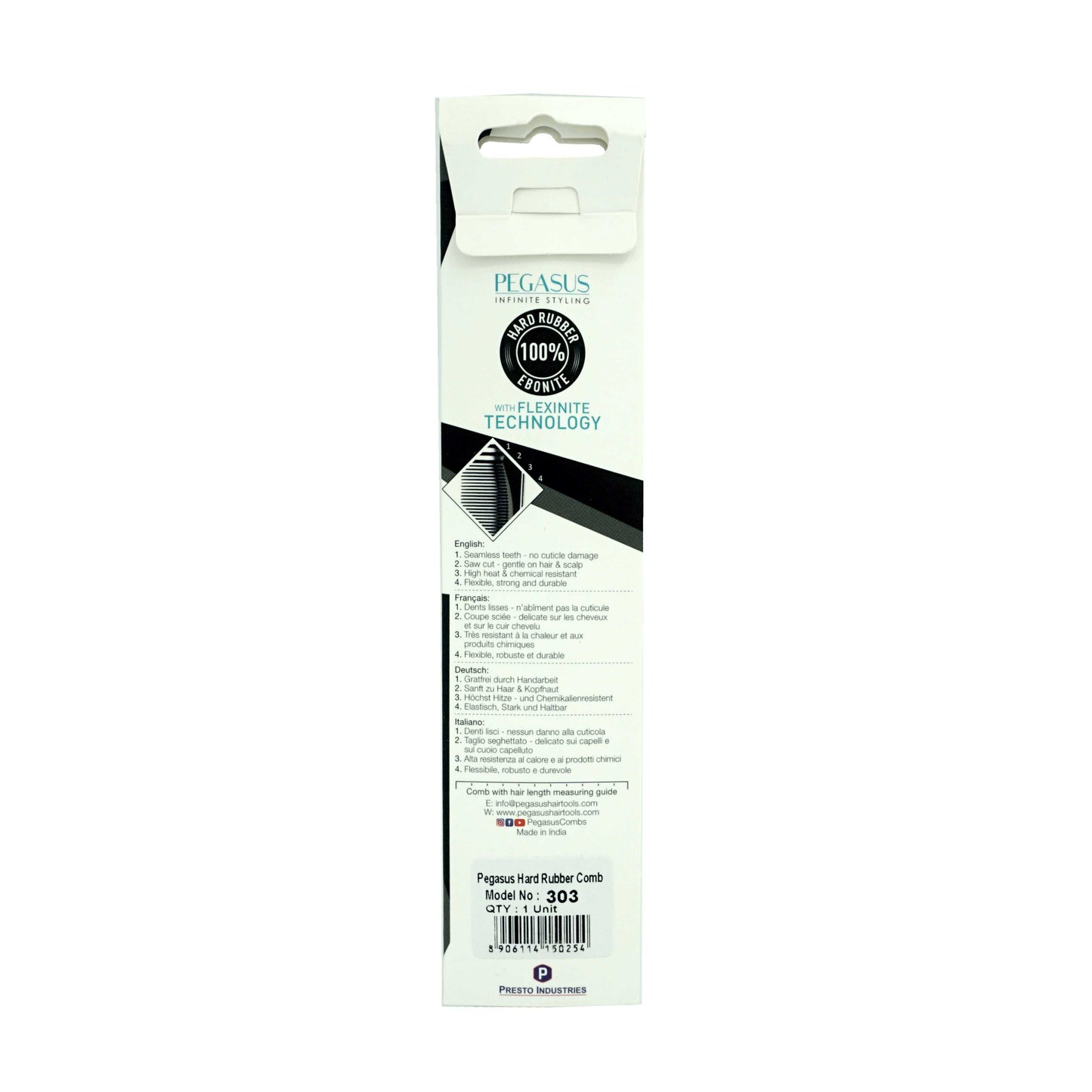 Pegasus 303, 6.5in Hard Rubber Heavy Barber Comb, Handmade, Seamless, Smooth Edges, Anti Static, Heat and Chemically Resistant, Wet Hair, Everyday Grooming Comb | Peines de goma dura - Black
