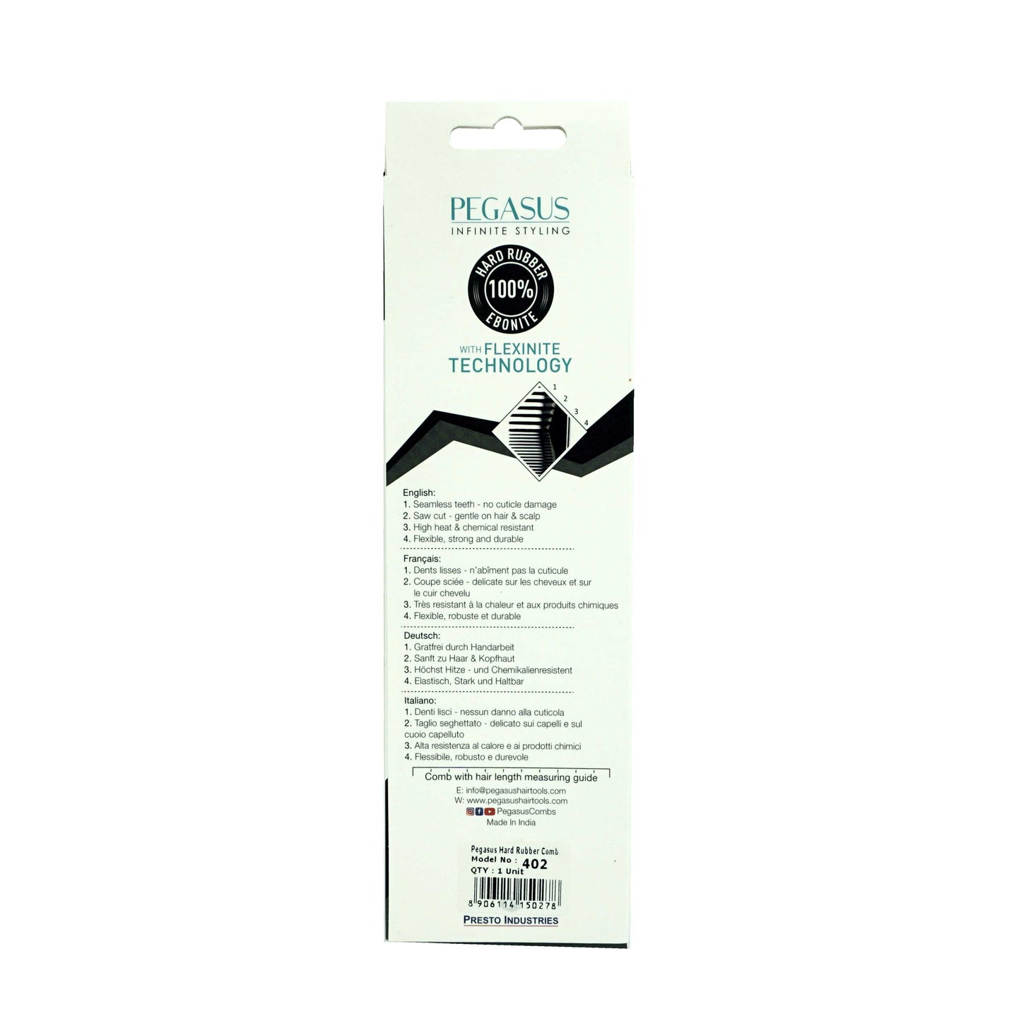 Pegasus 402, 5in Hard Rubber Wide Tooth Tall Styling Comb, Handmade, Seamless, Smooth Edges, Anti Static, Heat and Chemically Resistant, Wet Hair, Everyday Grooming Comb | Peines de goma dura - Black