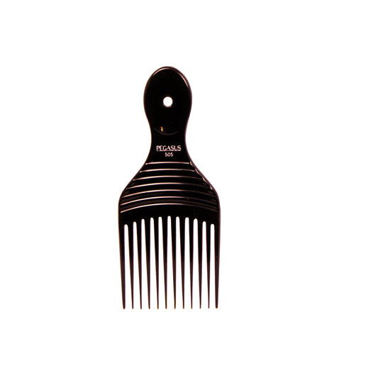 Pegasus 505, 7in Hard Rubber Afro Pick Comb, Handmade, Seamless, Smooth Edges, Anti Static, Heat and Chemically Resistant, Wet Hair, Everyday Grooming Comb | Peines de goma dura - Black